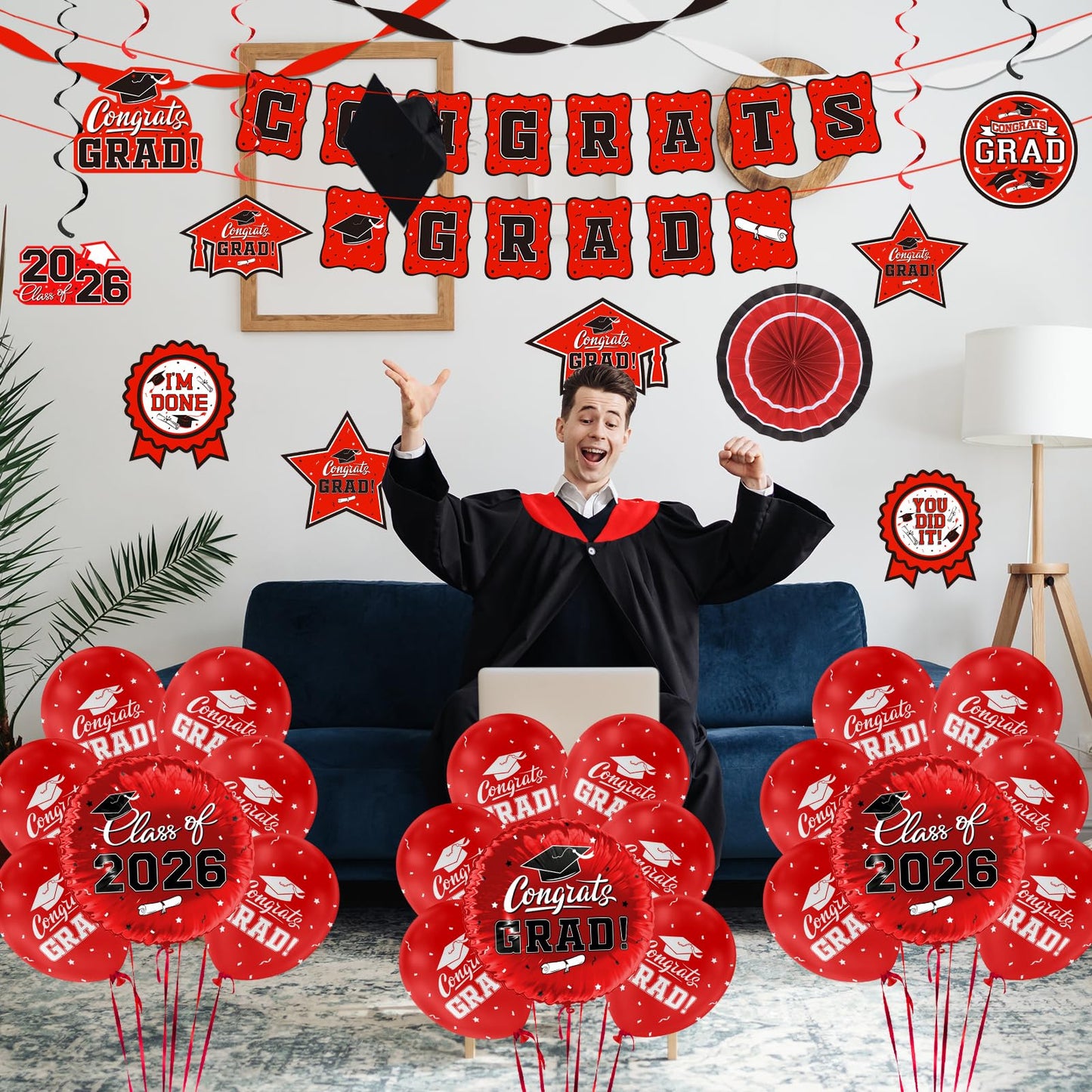 Red Themed 2026 Graduation Decorations Set - Congrats Grad Banner, Class of 2026Backdrop, Balloons