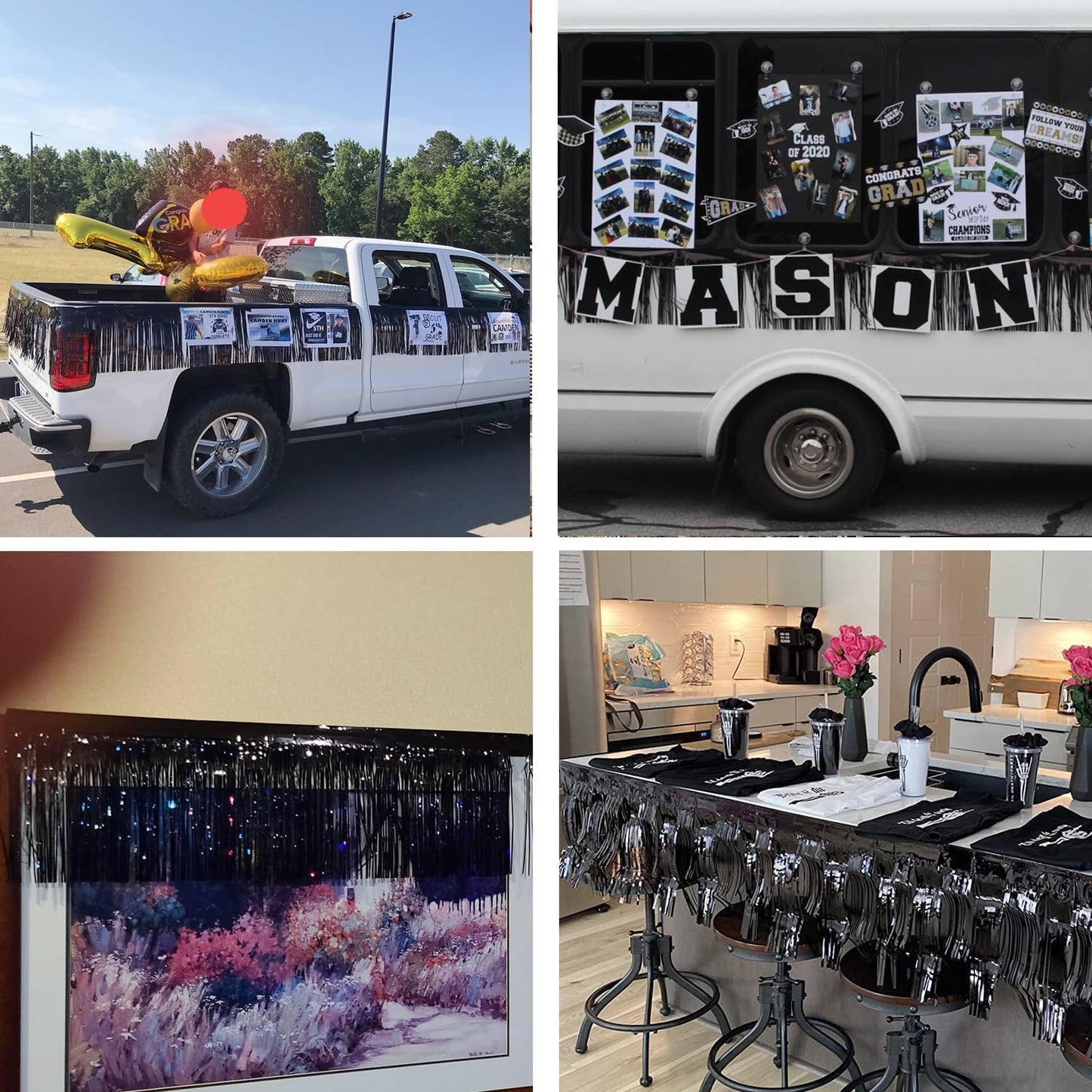 Thick 10 Feet by 15 Inch Black Foil Fringe Garland - Pack of 3 - Shiny Metallic Tinsel Banner for Parade Floats, Easter Day, Halloween, Christmas | Wall Hanging Drapes (3)