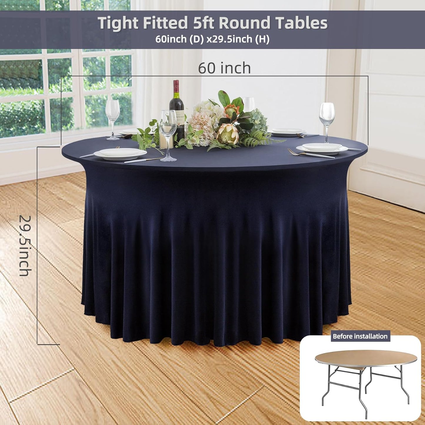 6 Pack Navy Blue Round Spandex Tablecloth 60 Inch, Wrinkle Free Stretch 120 Inch Fitted 5ft Navy Table Cloths Round Table Covers with Ruffle Skirt for Graduation Party Wedding Banquet