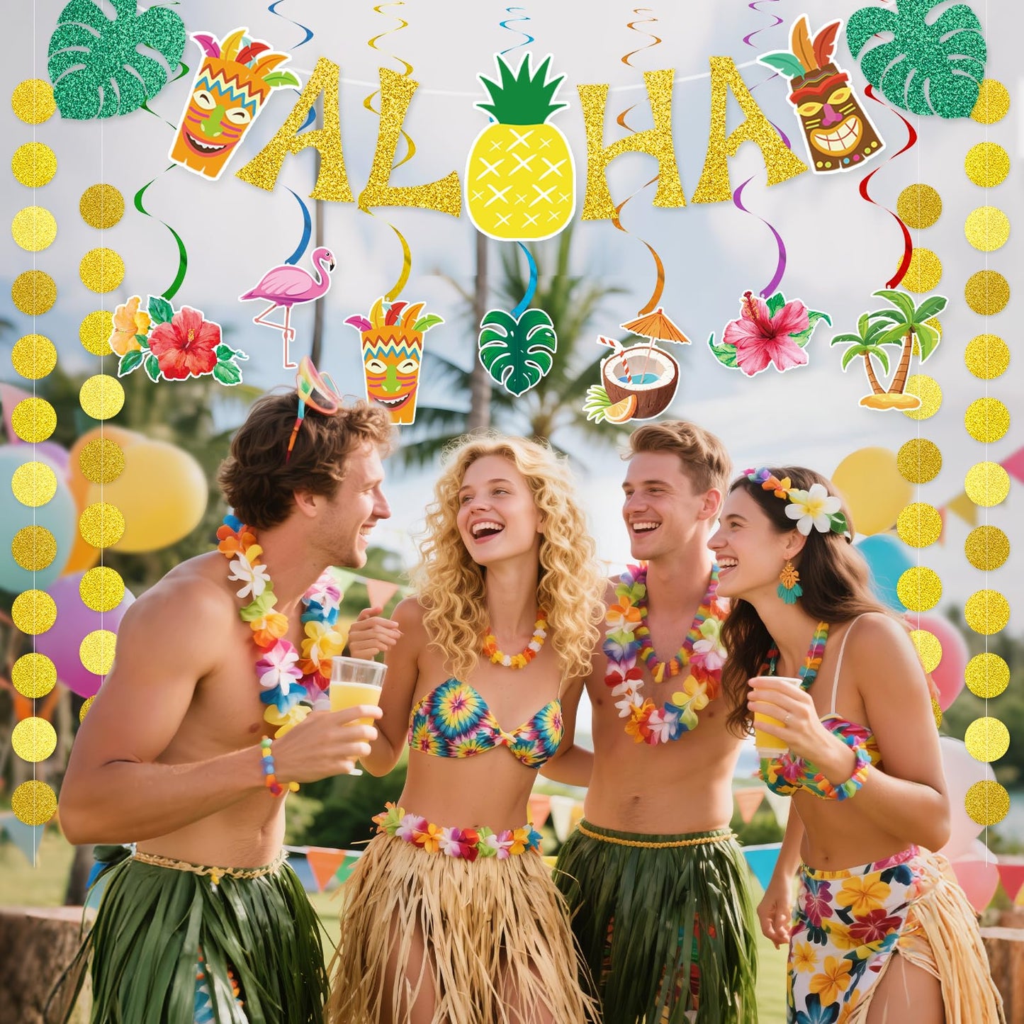 Pre-Strung Hawaiian Aloha Party Banner Decorations, Large Flamingo Tiki Tropical Party Decorations