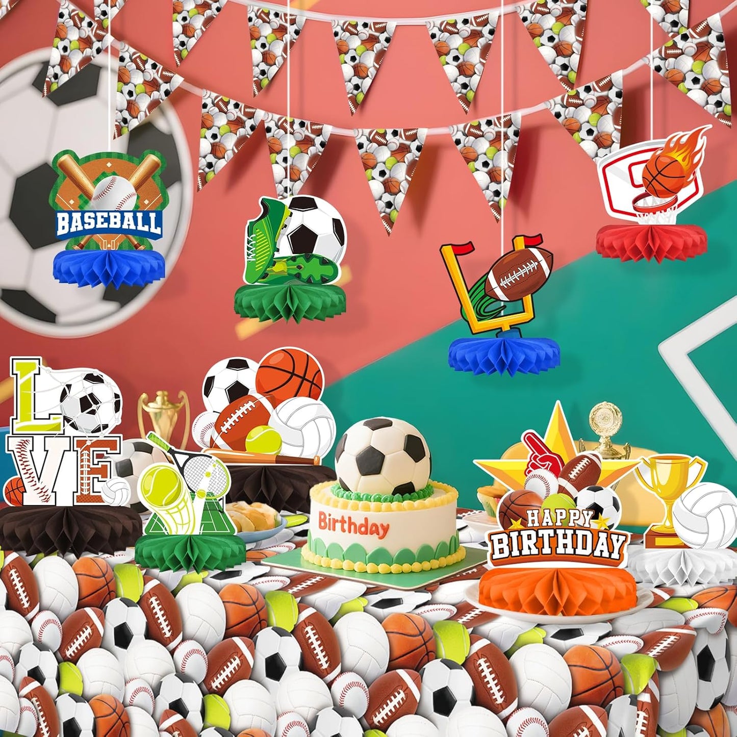 Sports Themed Party Decorations Kit - Honeycomb Centerpiece for Sports Birthday Party Decorations& Favors