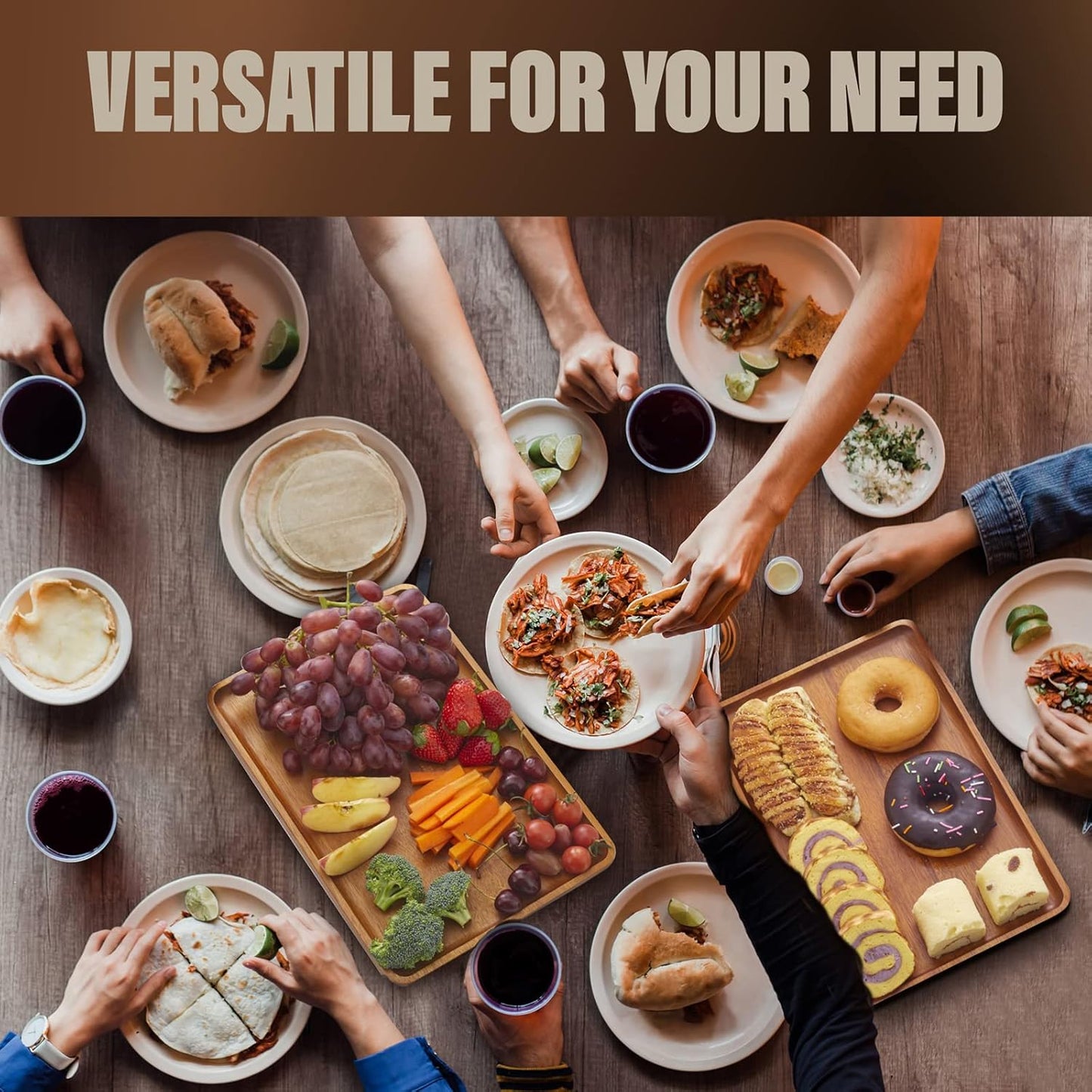 2pcs 15"x10" Solid Acacia Wood Serving Trays Rectangular Wooden Serving Platters Natural Wooden Boards for Bar Coffee Party(Brown)