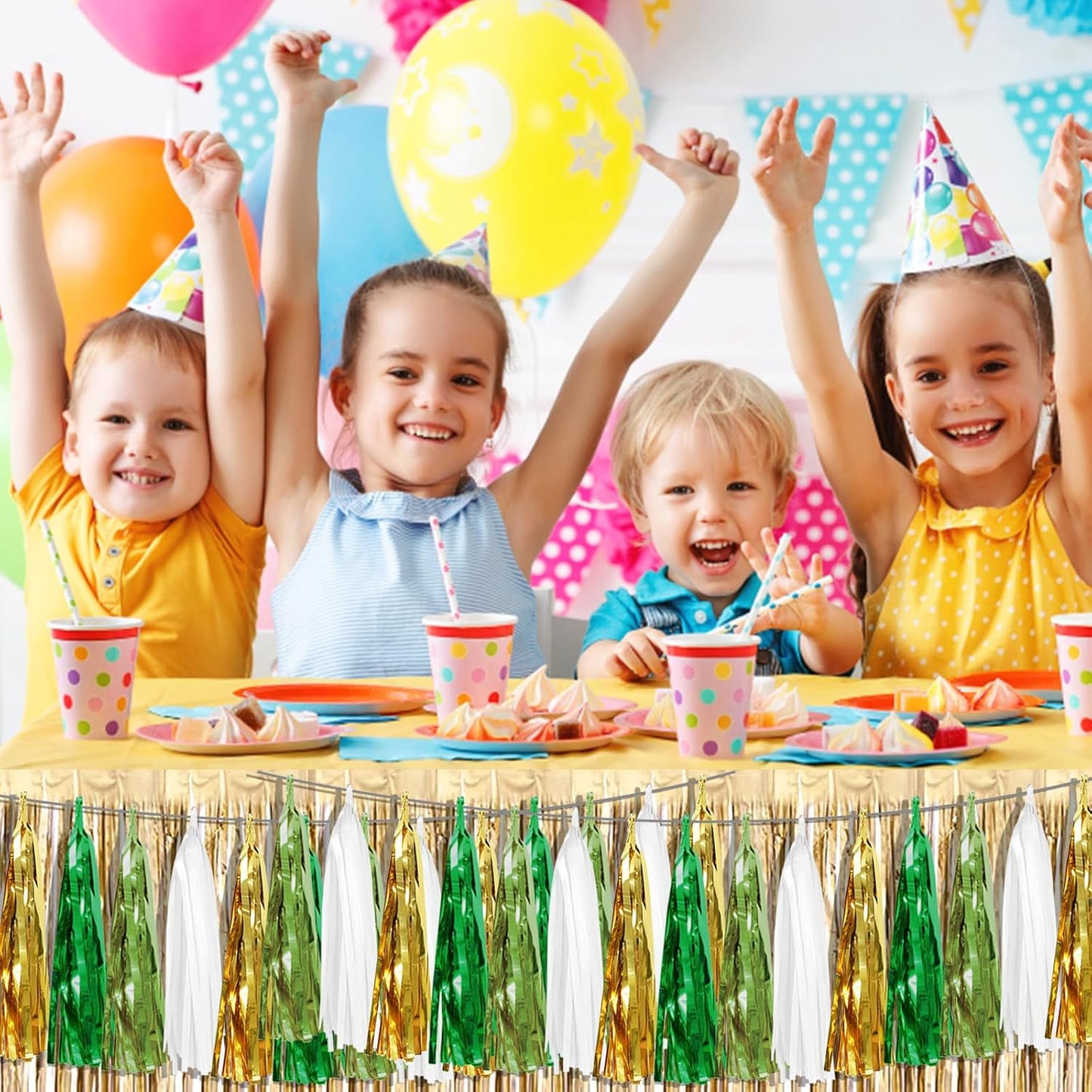 6P Sage-Green Beige-Mint Gold Foil Fringe Metallic Tassel Garland Banner, Tassels Banner Streamers for Parade Floats, Bachelorette, Wedding, Birthday, Christmas, Bridal/Baby Shower Party Decorations