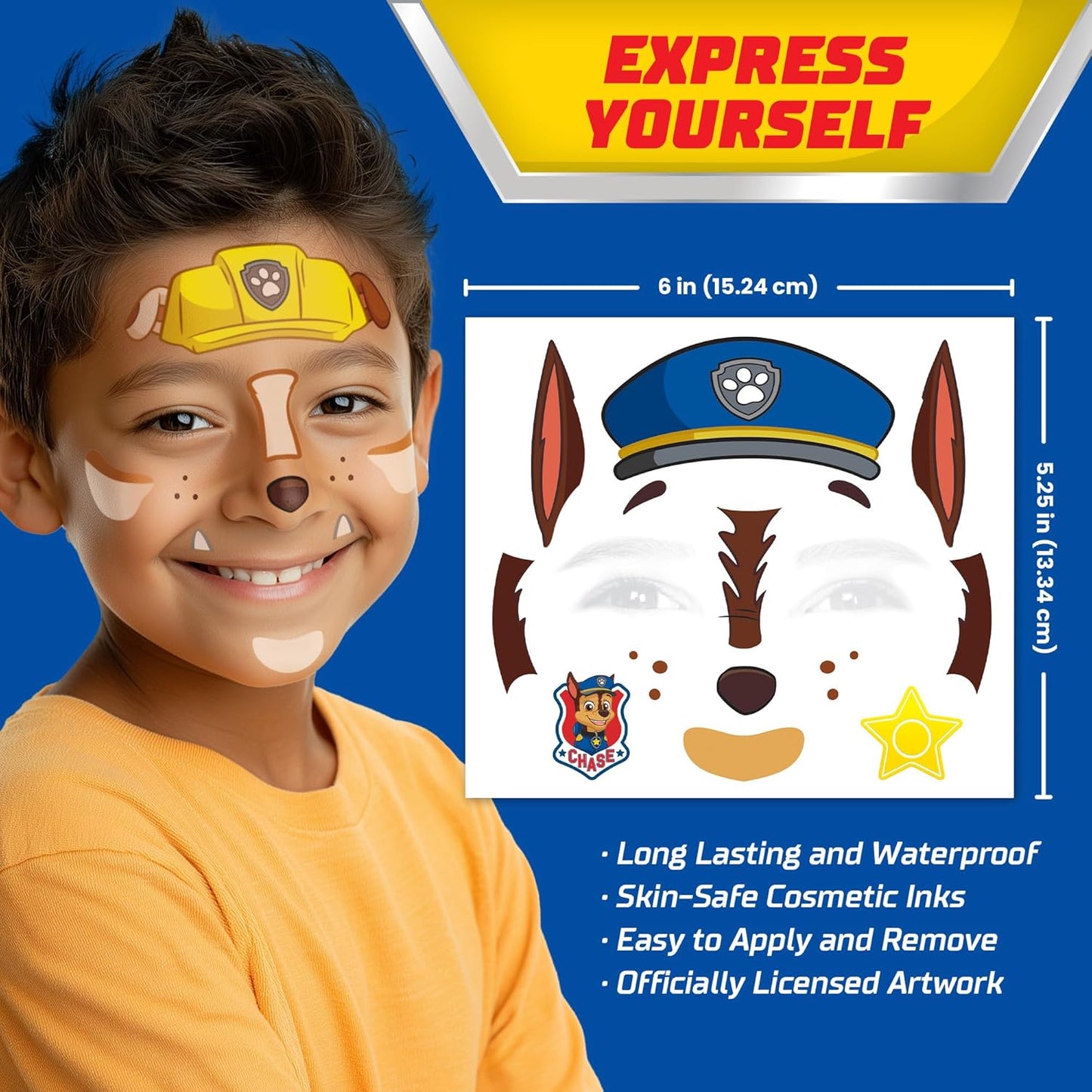 Paw Patrol Costume Face Tattoos – Temporary Tattoo Set for Kids Featuring Chase, Marshall, Skye & More, Easy Halloween Costume Accessory, Safe & Non-Toxic