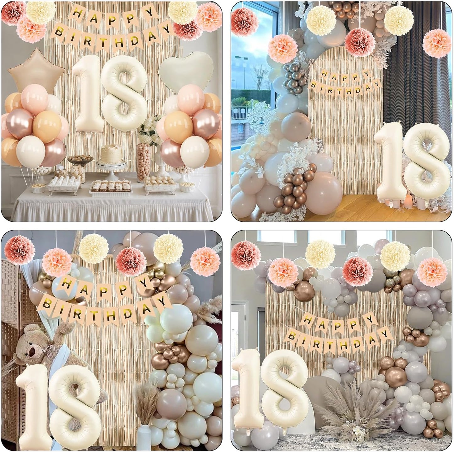 Beige 18th Birthday Decorations Girls Boys Cream Number 18 Balloon Nude Gold Happy Birthday Banner Fringe Curtain Paper Pom Poms Blush White Sand Champagne Star Foil Balloons Neutral Boho Party Decor