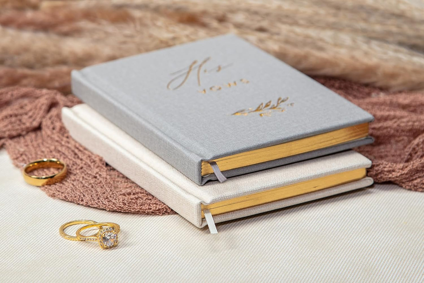 His and Her Vow Books (Set of 2) - Grey & Ivory Hard Cover Gold Embossed Notebook Journal Diary for Nuptial Wedding Cerenomy Vow Renewal / Engagement Gift for Newly Engaged Couples at Bridal Shower