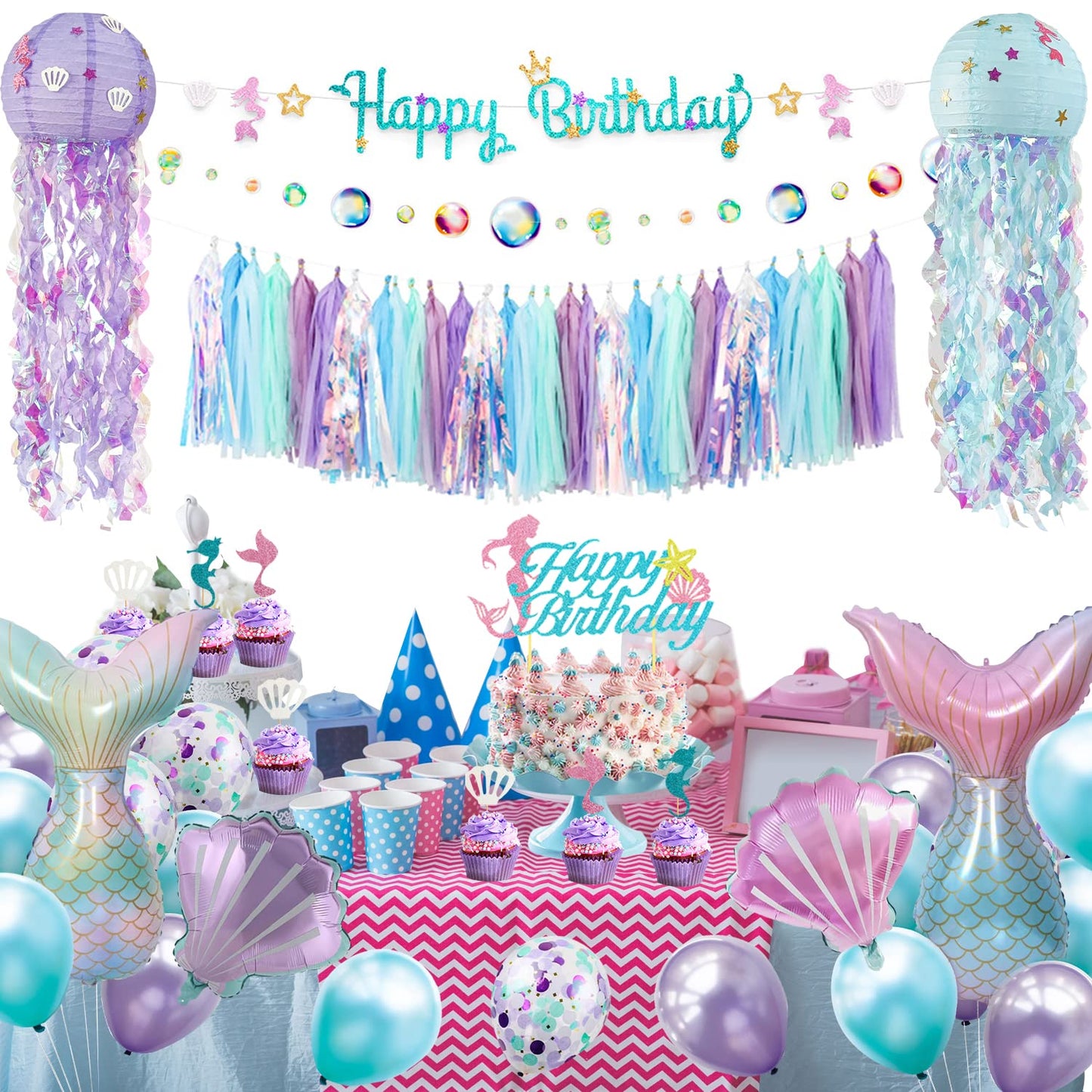 Mermaid Birthday Party Decorations Supplies Banner Tassel Garland Bubble Garland Hanging Jelly Fish