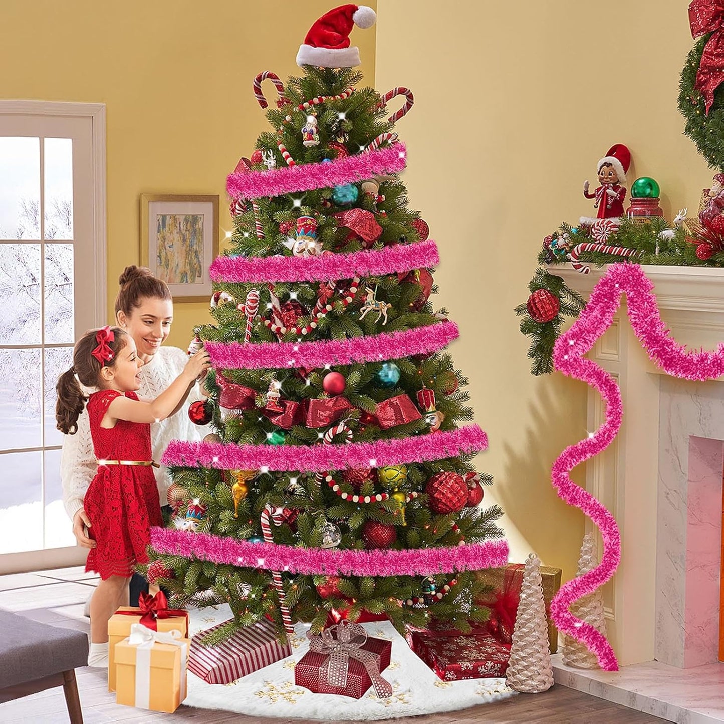 25 Feet Metallic Twist Tinsel Garland - Wall Hanging Backdrop for Holidays (Pink, 4in x 25ft)