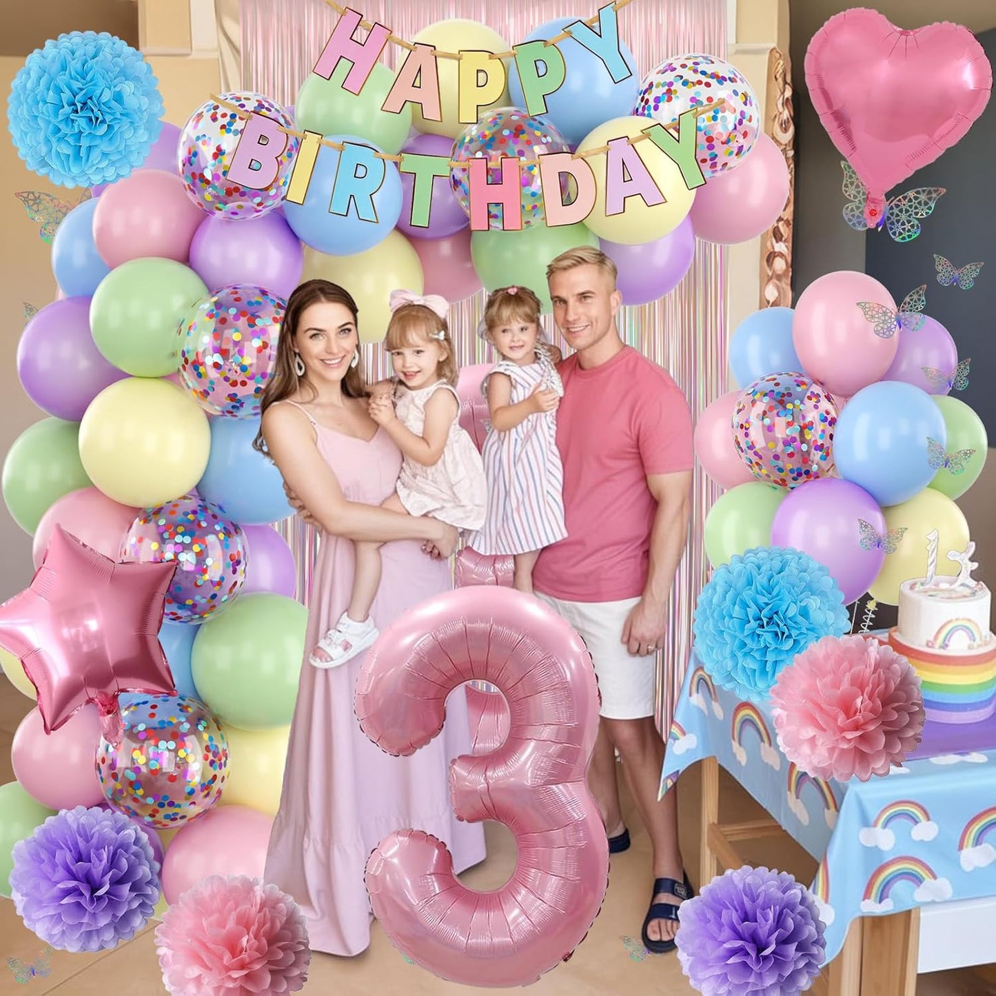 Pastel 3rd Birthday Party Decorations for Girls Number 3 Balloon Happy Birthday Banner Butterfly Stickers Fringe Curtain Paper Pom Poms Macaron Pink Star Heart Foil Colorful Balloons 3 Year Old Decor