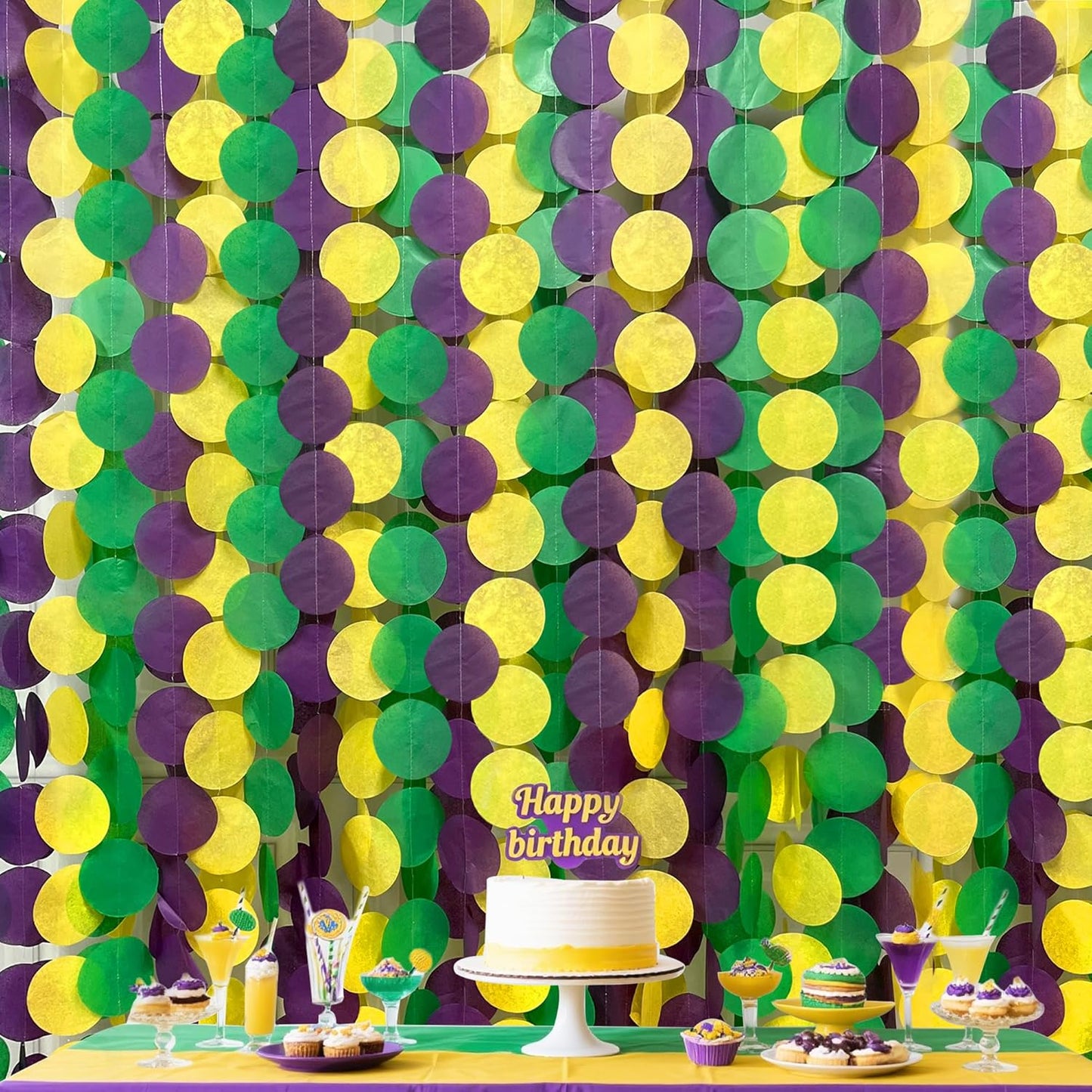 205 Ft Mardi Gras Party Decorations Purple Green Yellow Circle Dot Backdrop Garland Tissue Paper Polka Dots Hanging Streamer for Mardi Gras Birthday Wedding Baby Shower Masquerade Party Supplies