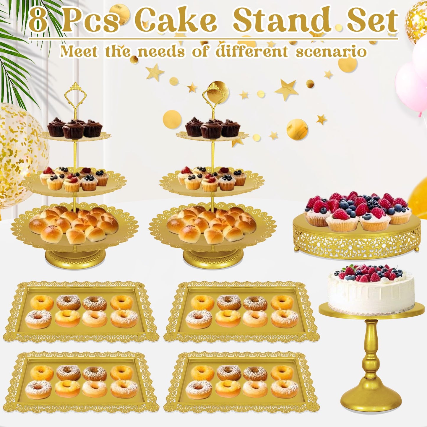 Fivenl 8 Pcs Cake Stand Gold Metal Dessert Table Display Set, 3-Tier Cupcake Stand, Cake Display