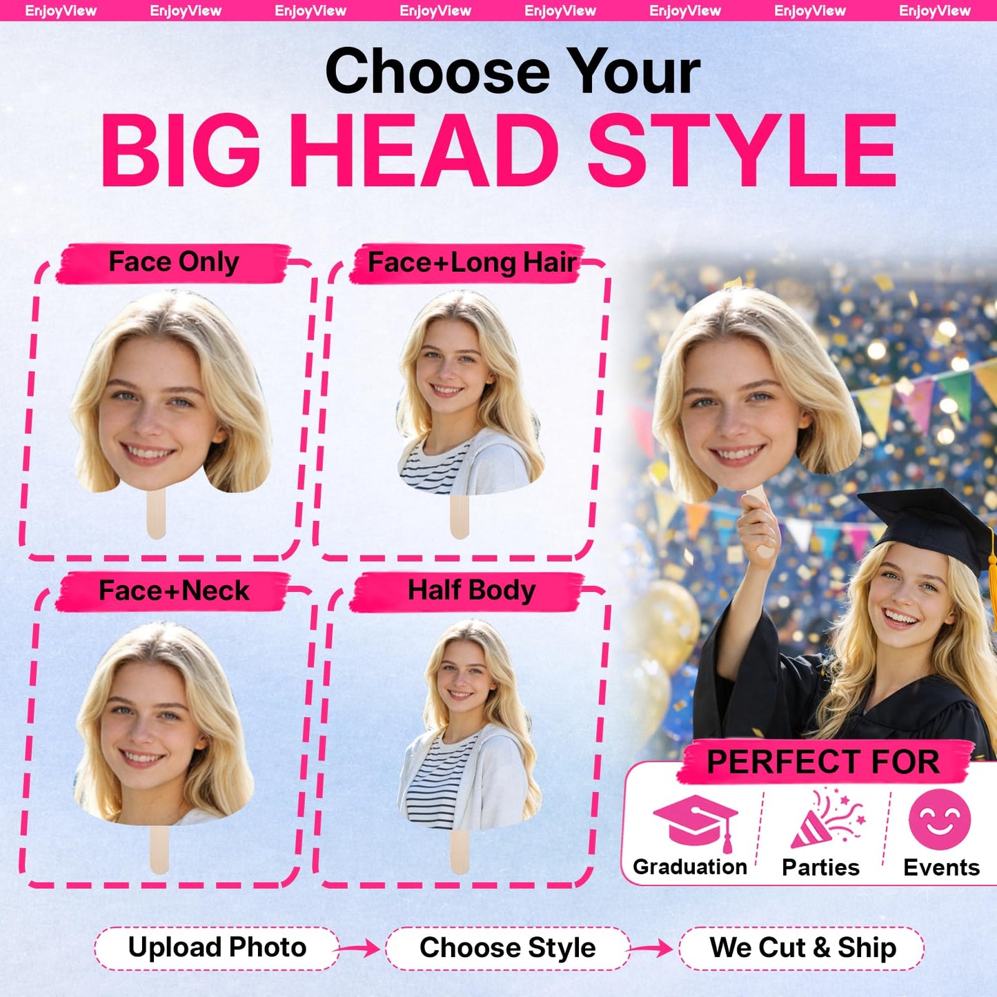 EnjoyView Custom Big Head Cutout on a Stick, 6" to 48" Face Sign, 1 Piece