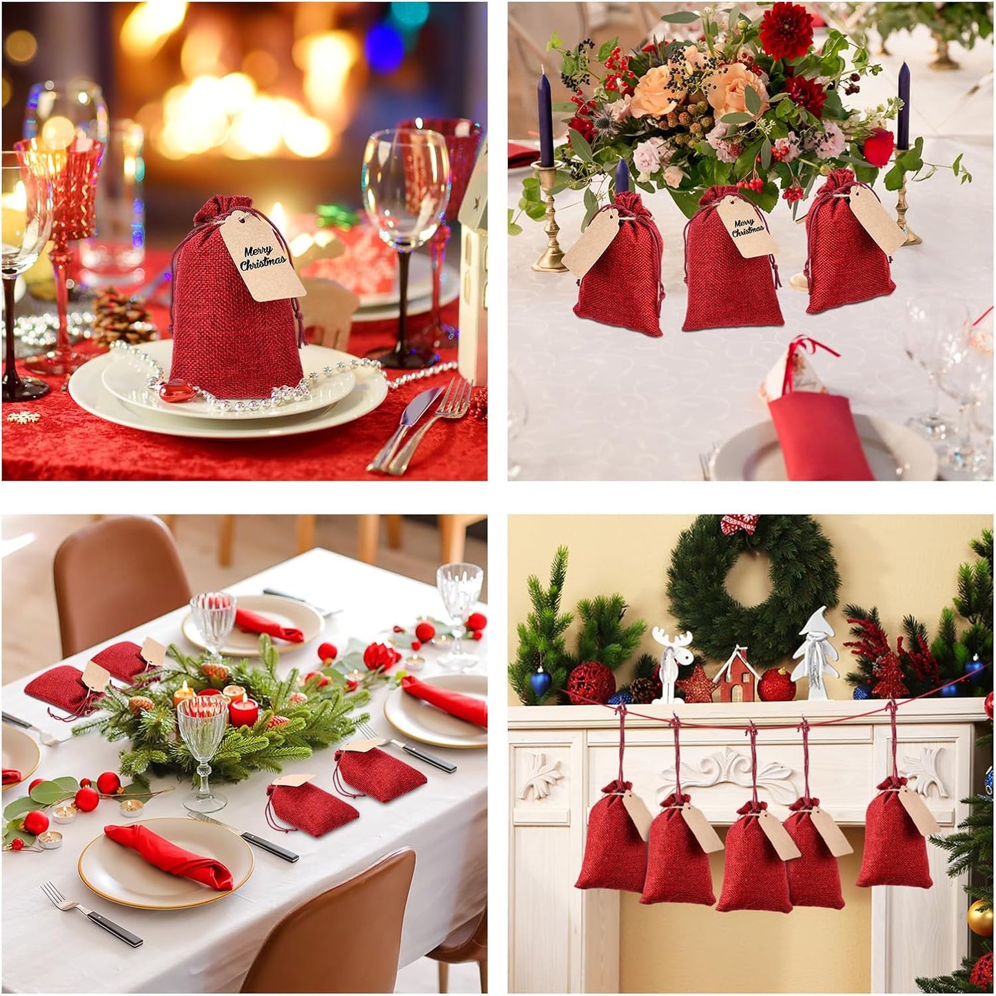 Woanger 100 Pcs Burlap Gift Bags with 100 Pcs Kraft Paper Gift Tags Drawstring Favor Bulk Burlap Sack Bags for DIY Wedding Party Craft (3 x 4 Inch,Burgundy)