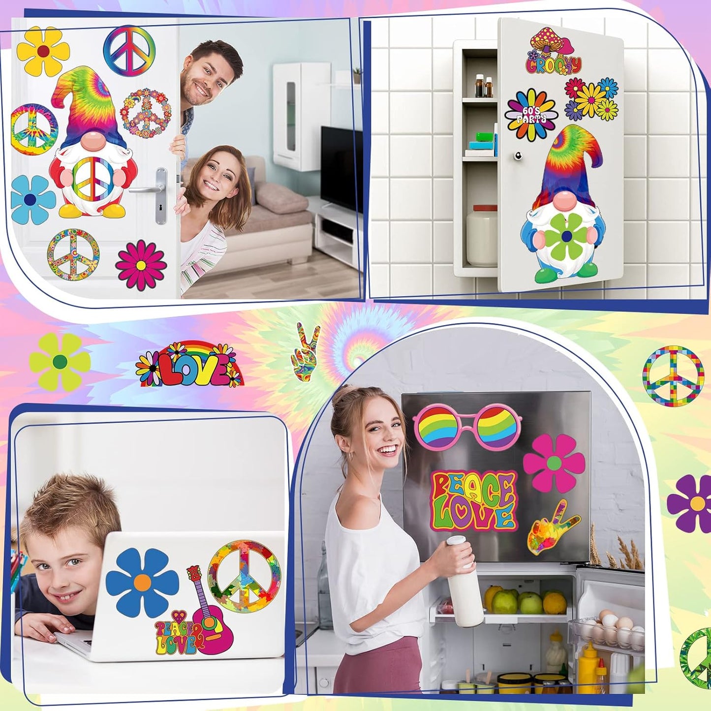 25 Pieces Car Magnet Decorations 60s Hippie Theme Party Magnetic Decals Fridge Magnets Flower Peace Car Magnetic Sticker Love Sign Colorful Hippie Decals for Refrigerator Mailbox Decor