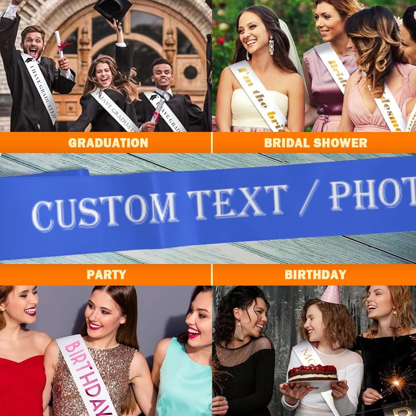 Custom Sash,Personalized Birthday Sash with Text Photo,Customized Bachelorette Sash Quote Sash Bride to Be Sash Color Optional (No decorative edge, Blue)