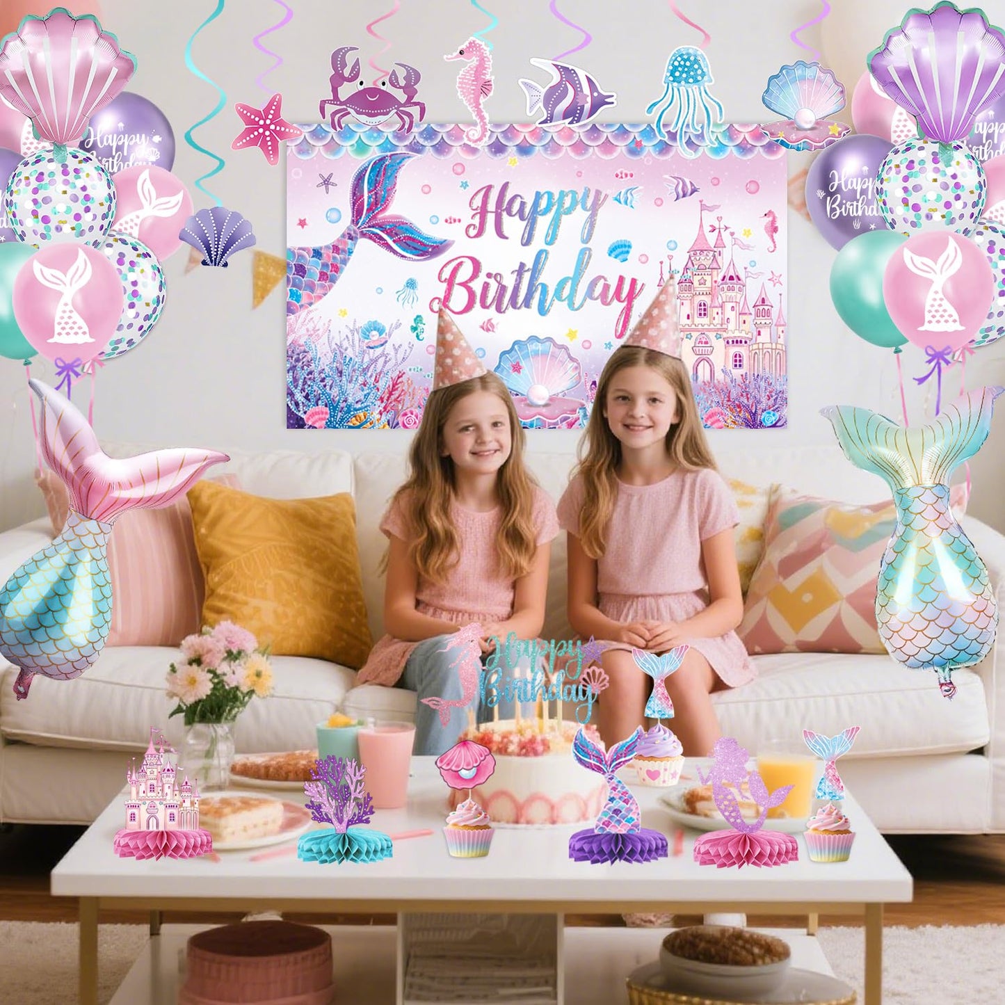 NKPDAXM Mermaid Birthday Decorations – Includes Banner, Backdrop, Foil & Latex Balloons, Hanging