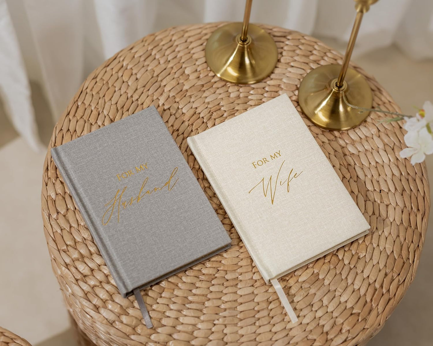 Hard Cover Vow Books (Set of 2) - For My Husband & For My Wife Grey & Cream Pocket Sized Foil Embossed Wedding Ceremony Vow Renewal Speech Notebook Planner, Gift for Bride & Groom Newly Engaged Couple