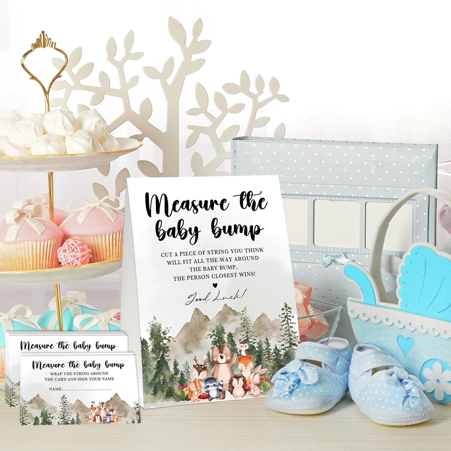 Woodland Baby Shower Game: Jungle Animal Safari Measure Baby Bump, 1 Standing Sign with 50 Cards for Gender Neutral Shower - A02