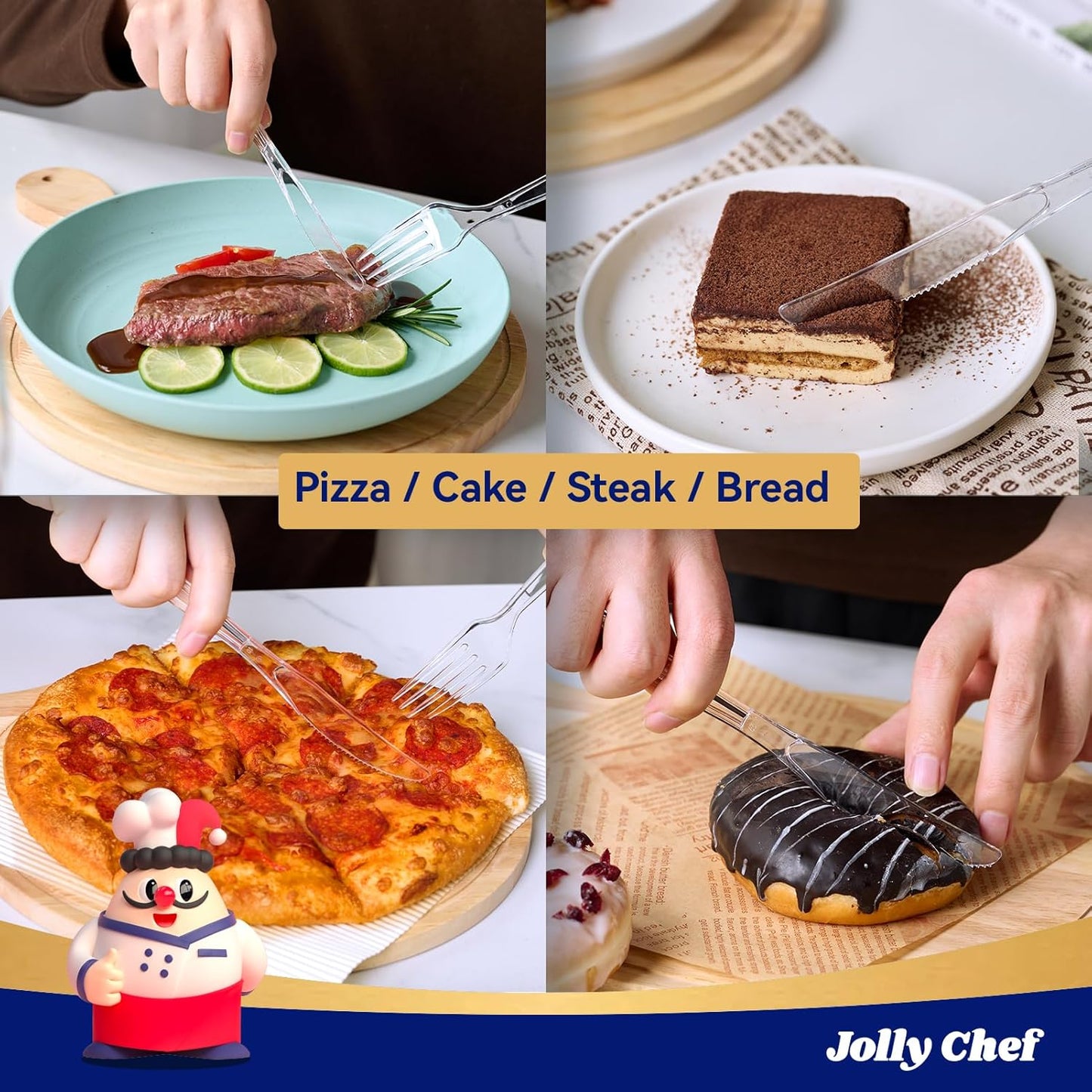 JOLLY CHEF 300 Count Clear Plastic Knives Heavy Duty, 7.7" Heat Resistant Solid and Durable Plastic Knives Disposable, Disposable Bulk Cutlery Suitable for Parties Supply Events Everyday Use