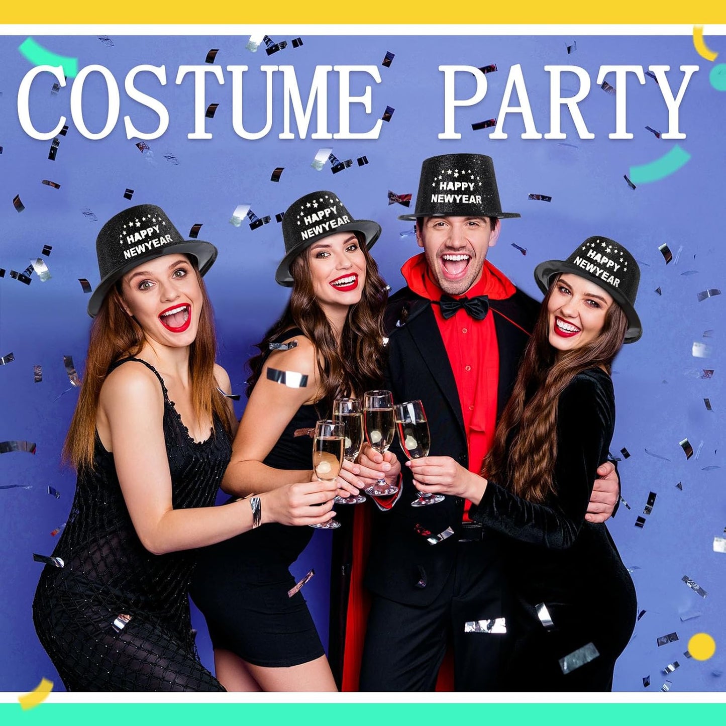 Hillban 12 Pcs Top Hats Halloween Glitter Plastic Retro Disco Party Hats for Halloween Magician Birthday Wedding Carnivals(Black with Letter,Novel)