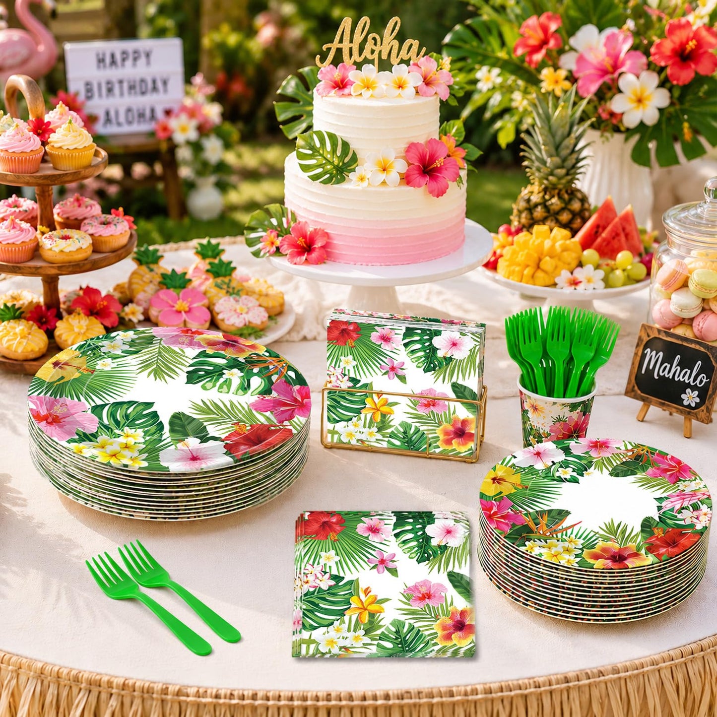 100 Pcs Tropical Luau Party Supplies Set, Serves 25 – Disposable Hibiscus Floral Paper Plates