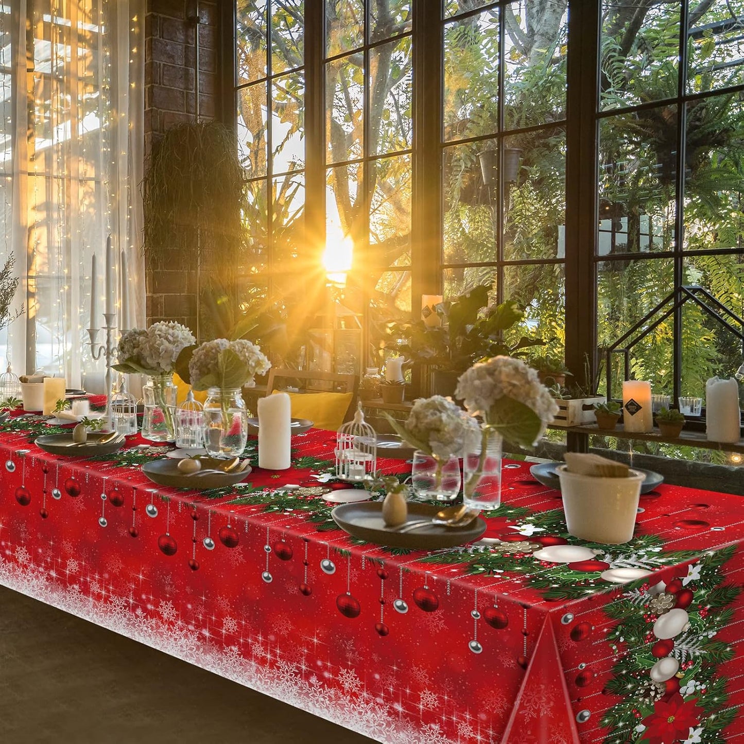 3Pieces Merry Christmas Tablecloth Plastic Christmas Tree Ball Table Cover Rectangle Winter Snowflake Tablecloth for Merry Christmas Holiday New Year Eve Party Decorations Supplies,54x108inch