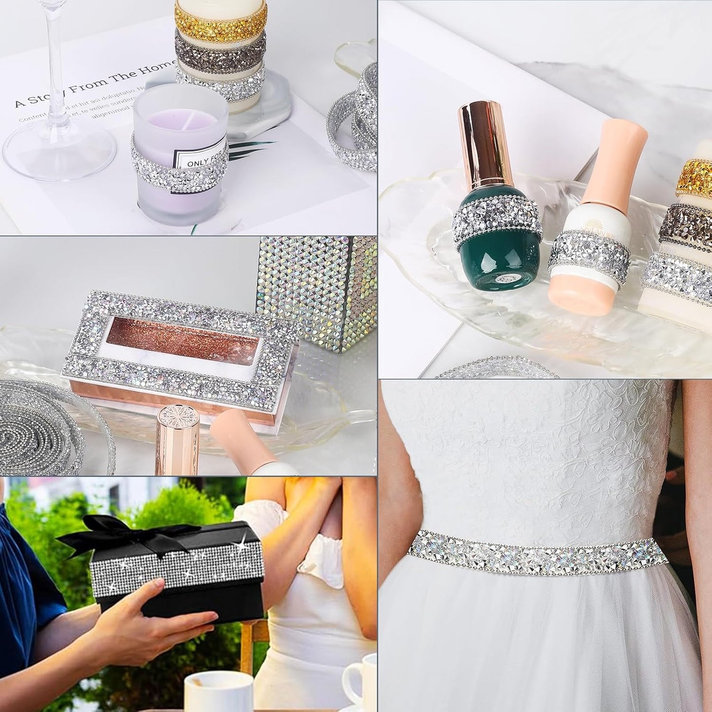 Rhinestone Ribbon 6 Yards Self Adhesive Rhinestone Strips Diamond Ribbon Sticker Crystal Roll Glitter Bling Rhinestones Tape for Crafting DIY Art Decoration (Silver,0.4 Inch)