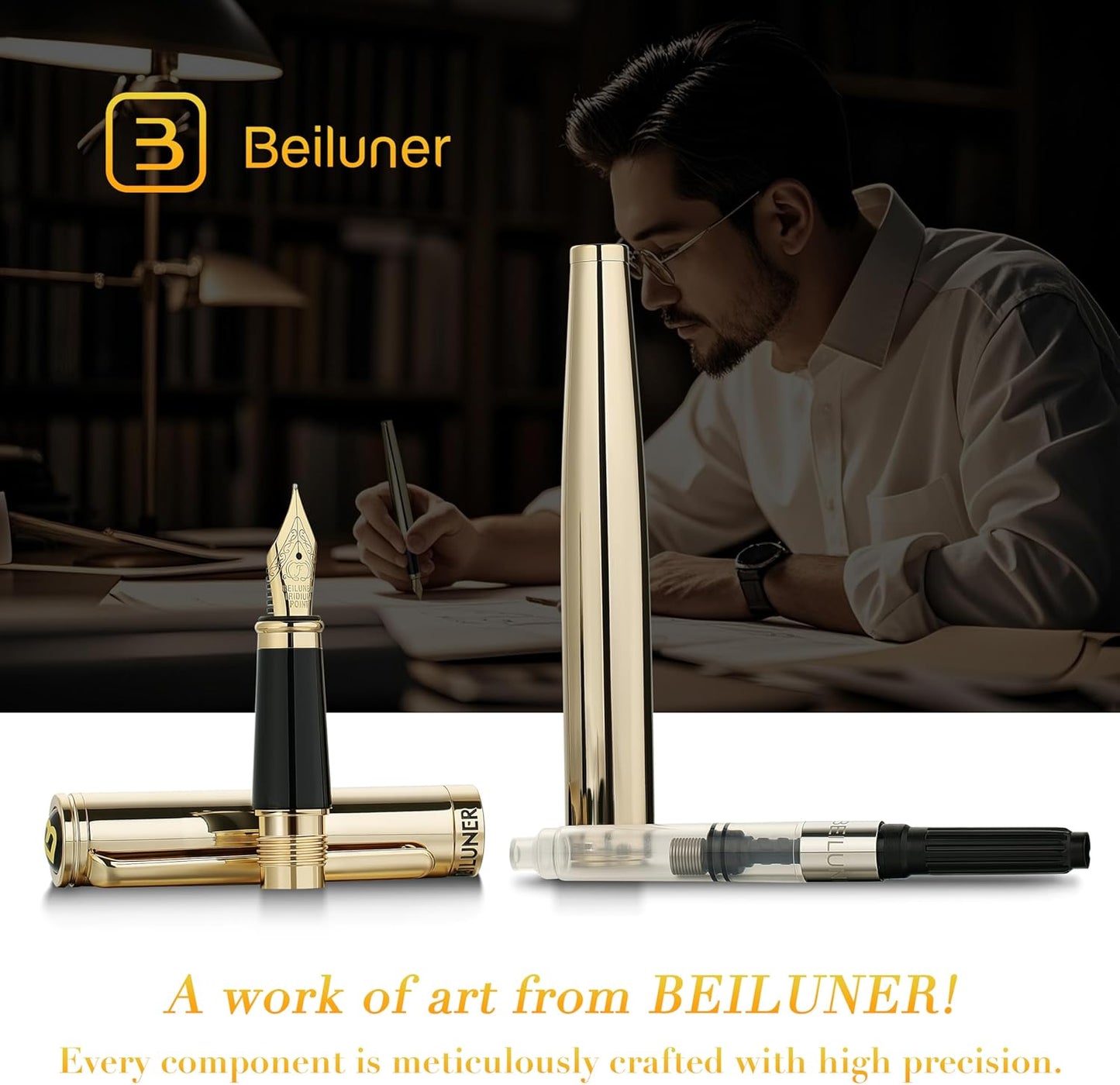 BEILUNER Gold Fountain Pen,Stunning Luxury Pens with 24K Gold Finish, Gorgeous 24K Gilded Nib(Fine), Trustworthy Pen Gift for Men&Women -Ink Converter-Elegant, Professional, Nice Pen for Writing