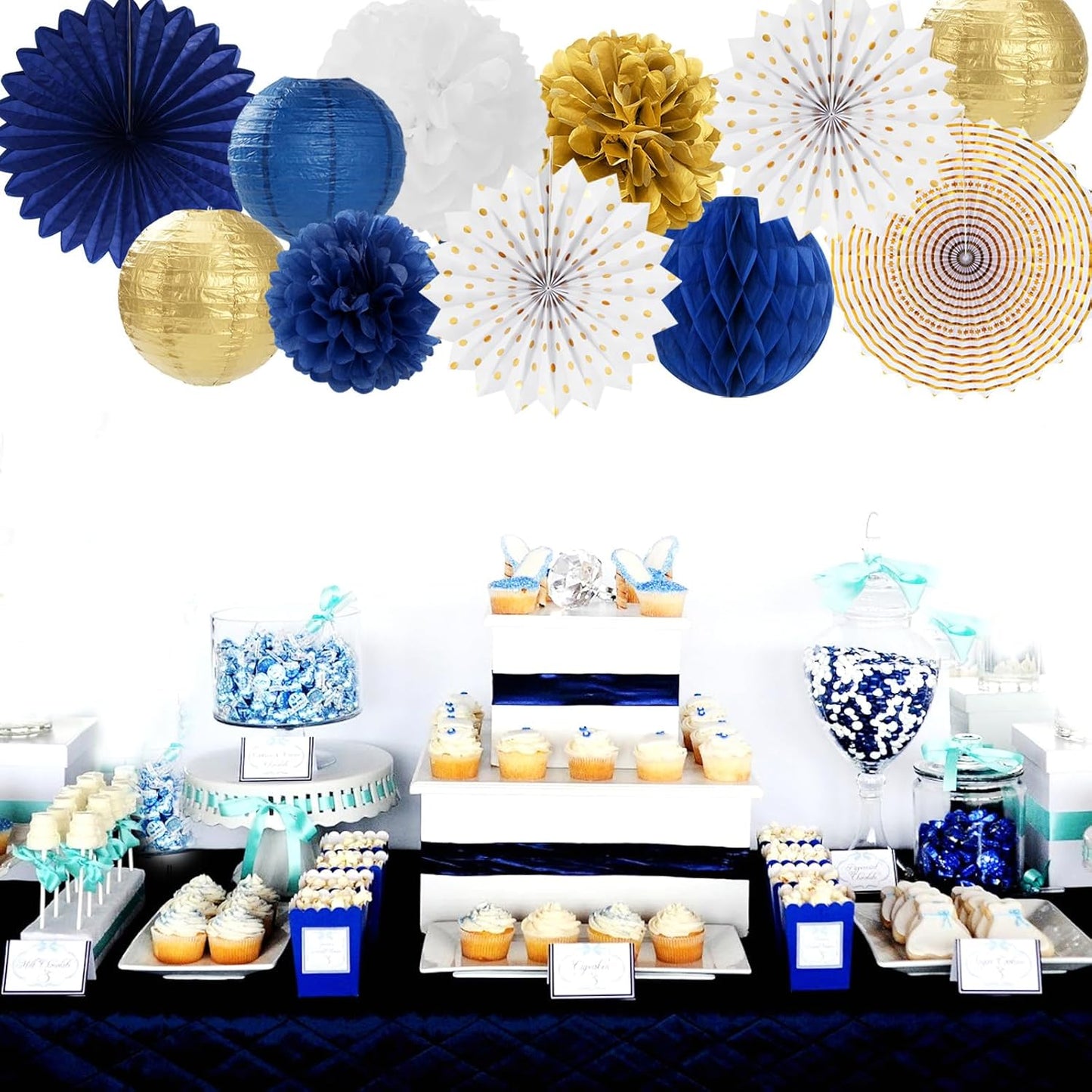 Navy-Blue White Gold Party-Decorations - 20pcs Graduation 2025 Paper Lanterns Fans,Tissue Pom Poms,Honeycomb Ball,Birthday Bridal Celebration Bachelorette Baby Shower Wedding Homecoming Decor Burgleda