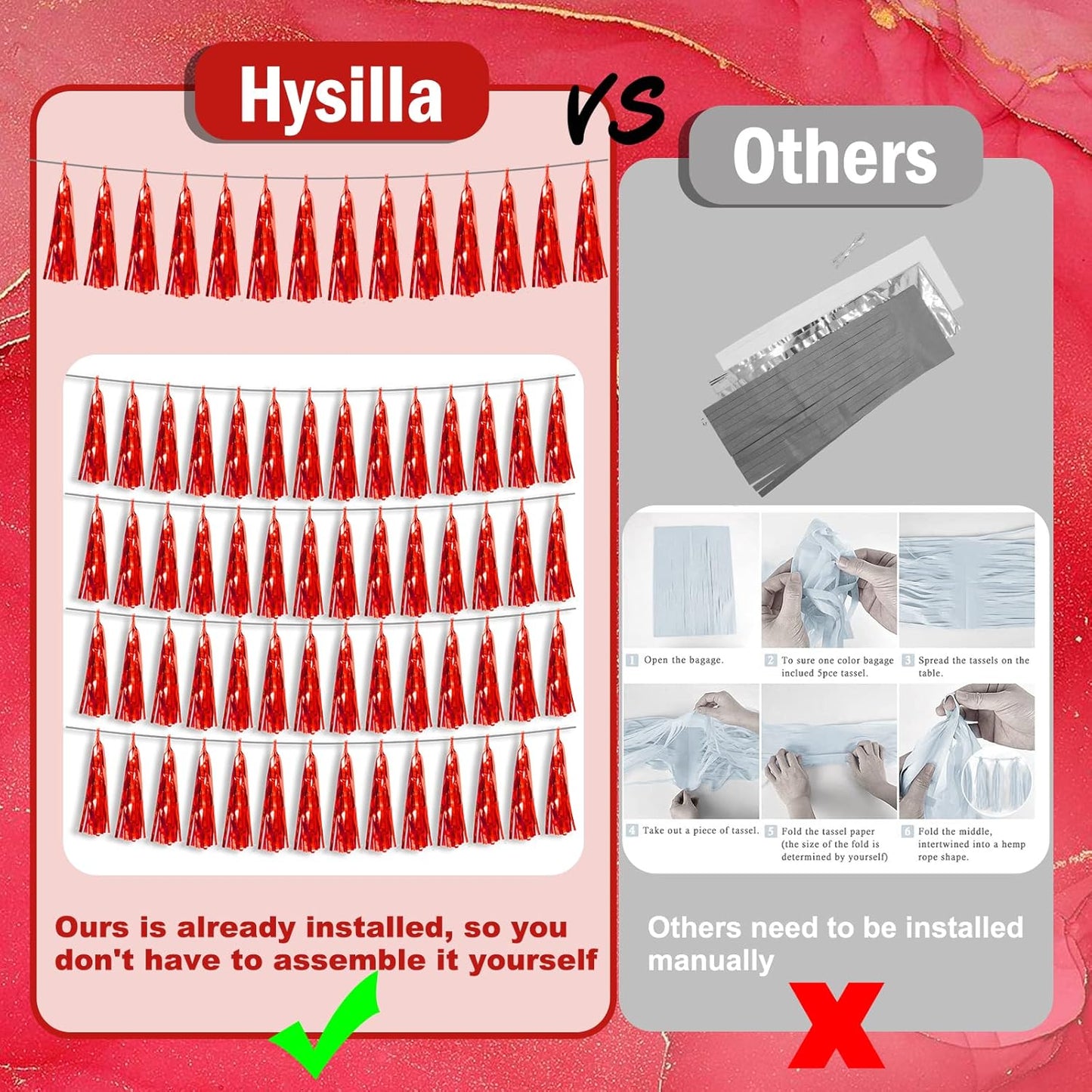 6P Red Foil Fringe Metallic Tassel Streamers Banner Tassel Garland for Parade Floats, Bachelorette, Wedding, Birthday, Graduation, Christmas, Bridal/Baby Shower Party Decorations