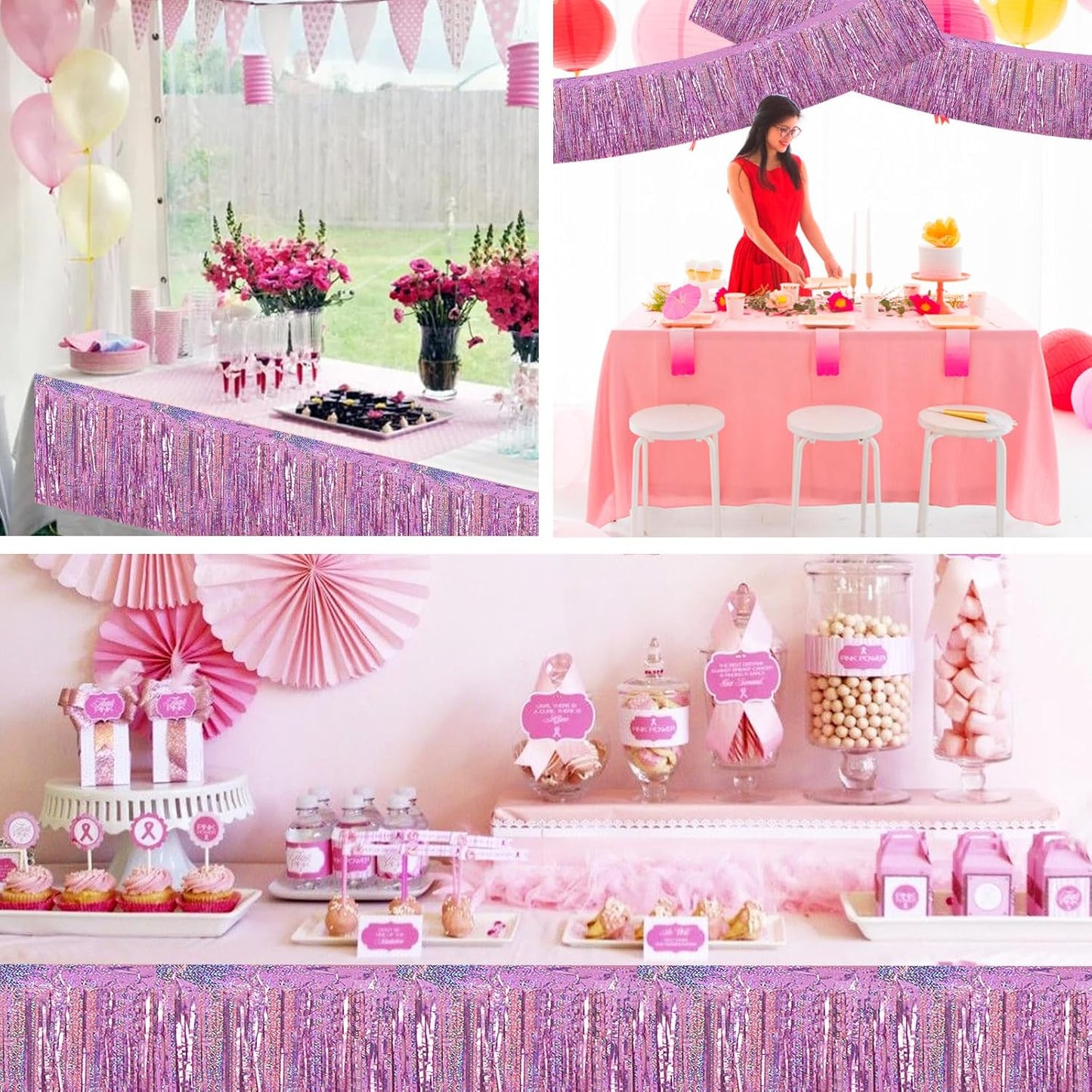 BEISHIDA 3 Packs Metallic Foil Fringe Garland Laser Light Pink Wall Hanging Tinsel Fringe Banners for Car Floats Bridal Shower Wedding Birthday Easter Graduation Holiday Party Decoration(30 Feet)