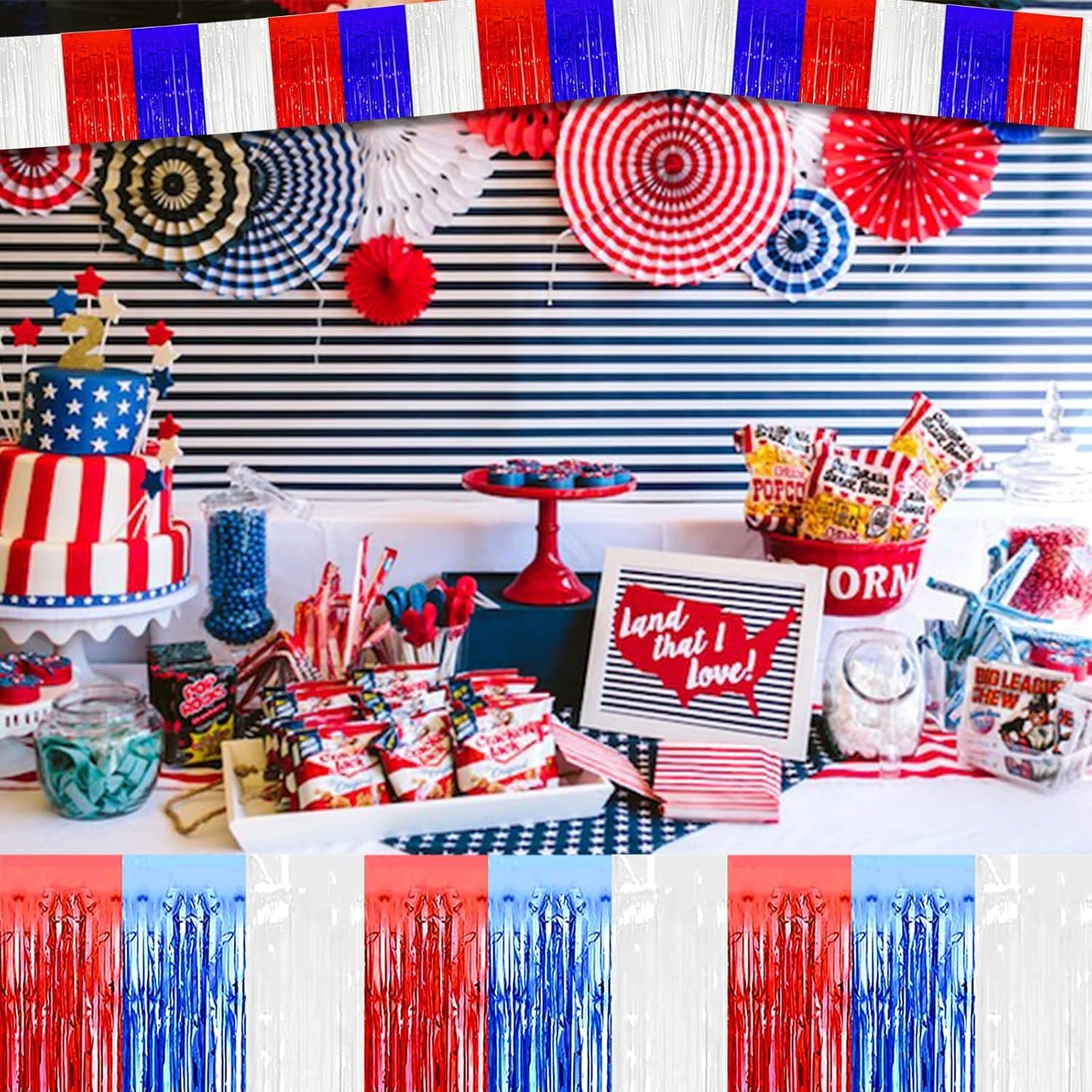 10 Pack 10 Feet Foil Fringe Garland Metallic Tinsel Streamers Banner Wall Hanging Backdrop for Parade Floats, Bachelorette, Wedding, Birthday, Independence Day Party Decorations(Red Blue White)