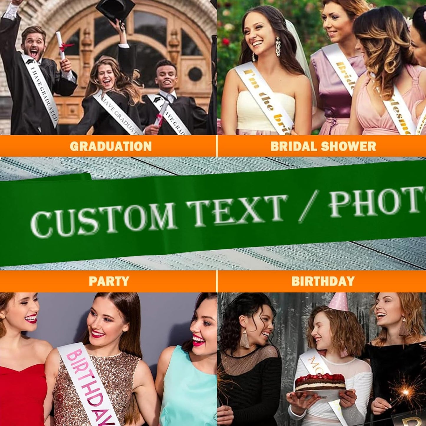 Custom Sash,Personalized Birthday Sash with Text Photo,Customized Bachelorette Sash Quote Sash Bride to Be Sash Color Optional (No decorative edge, Green)