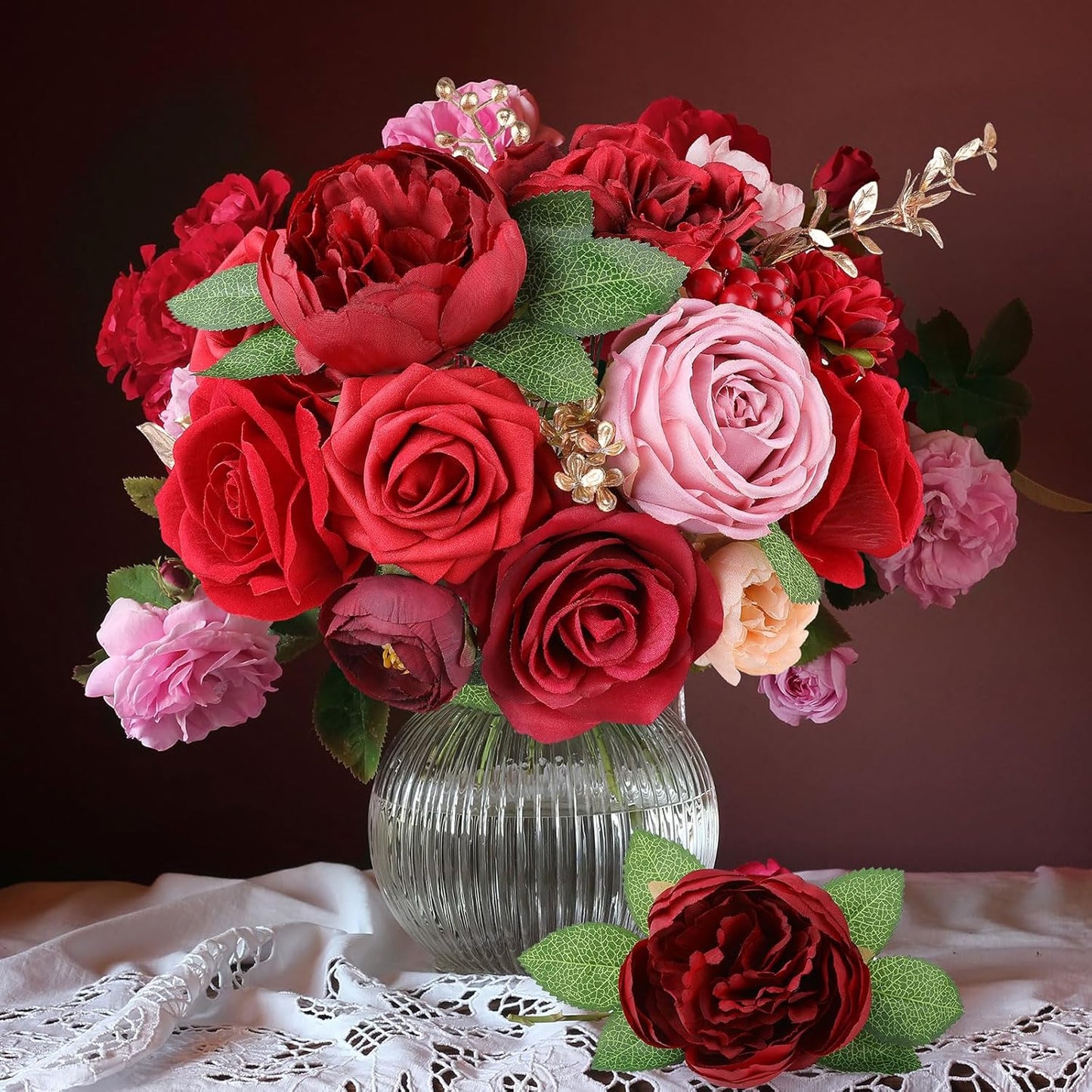 AmyHomie Red Artificial Flowers Combo Silk Mix Peony Rose Fake Flowers w/Stem for Valentine's Day DIY Wedding Bouquets Centerpieces Table Fall Decor Party Bridal Baby Shower Home Decorations