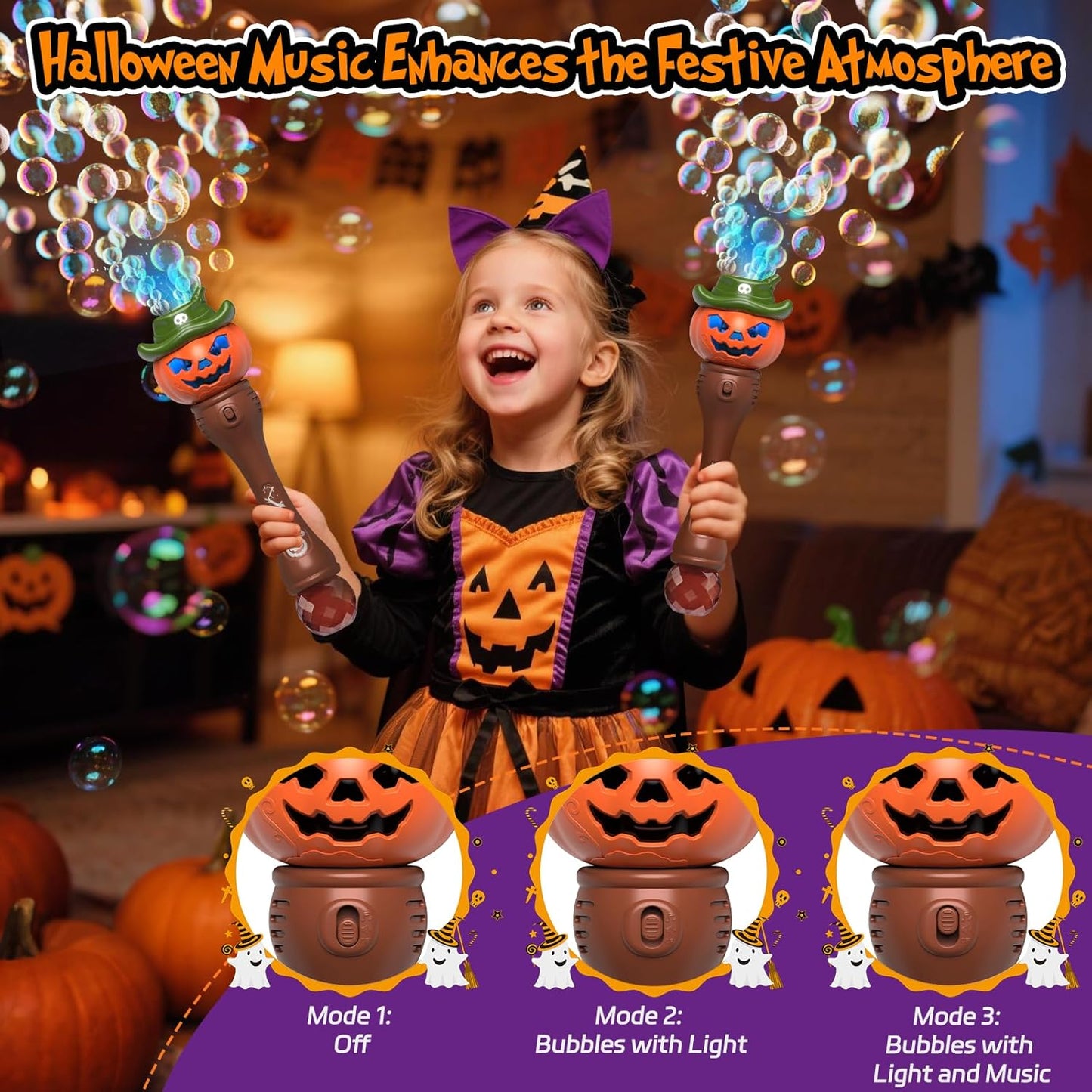 Halloween Pumpkin Bubble Wand for Kids - 2 Pack Automatic Bubble Machine Blower Toys for Toddlers 3-8 with LED Lights, Music Function, DIY Stickers,10 Refill Solutions, Halloween Party Favors Gifts