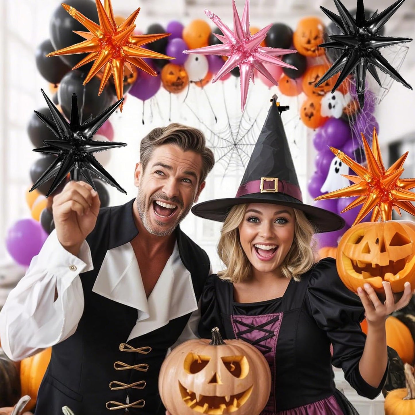 Black Orange Pink Star Balloons,9Pcs 22Inch Orange Pink Black Explosion Spike Cone Helium Polyester Film Star Foil Balloons for Halloween Birthday Anniversary Baby Shower Party Decorations