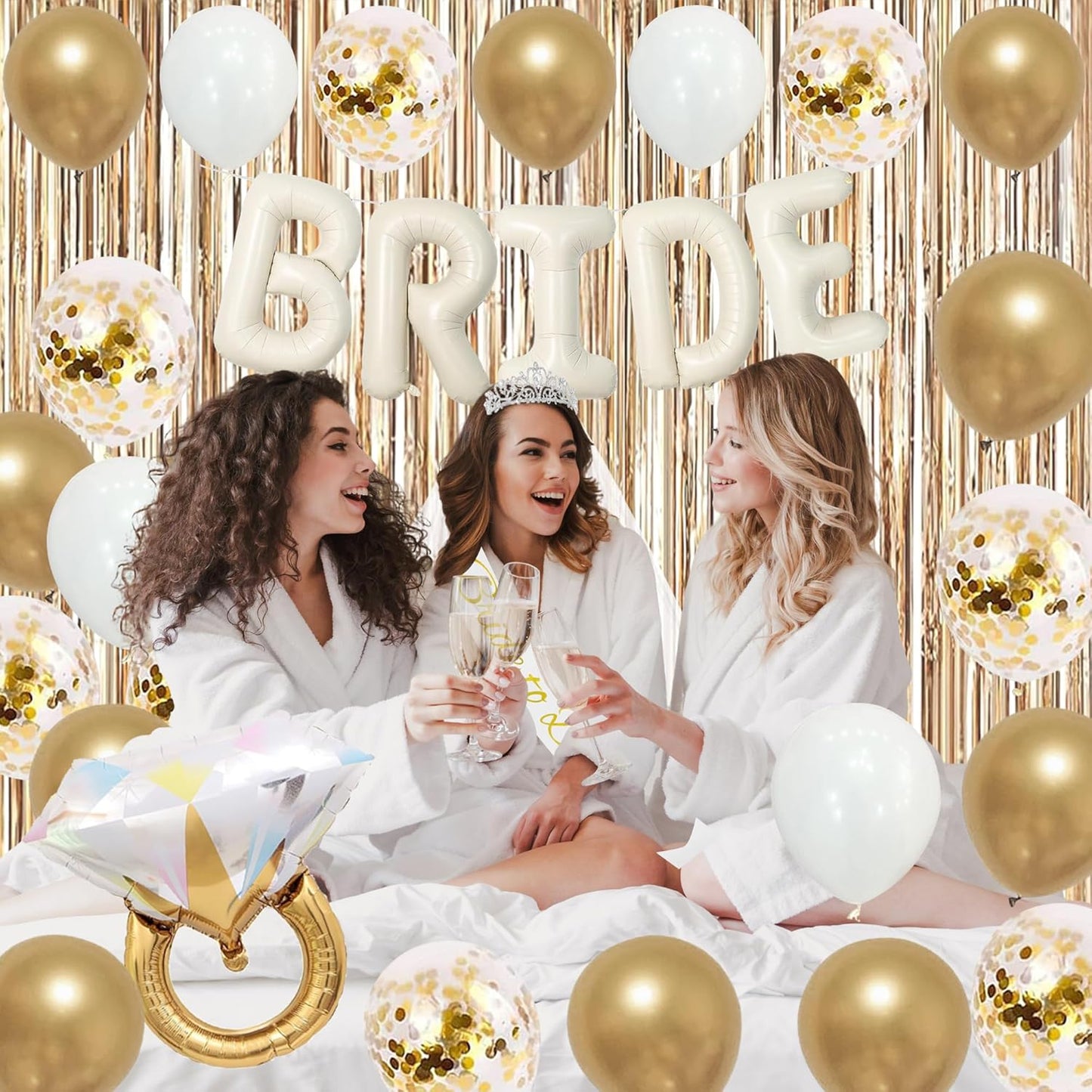 Trgowaul Bride to Be Decorations for Women, Bride to Be Banner, Bridal Shower Tiara, Sash&Veil, Fringe Curtains, Champagne Gold Bachelorette Bridal Shower Fecorations Party Supplies