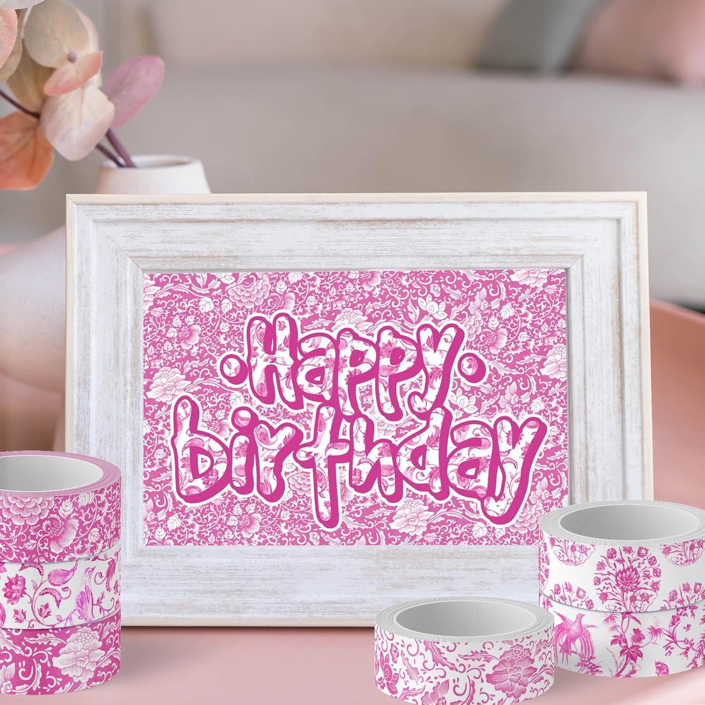 Whaline 12 Rolls Pink Floral Washi Tape Chinoiserie Flower Decorative Masking Tape Set Vintage Wrapping Paper Tape for Scrapbook Journal DIY Art Crafts