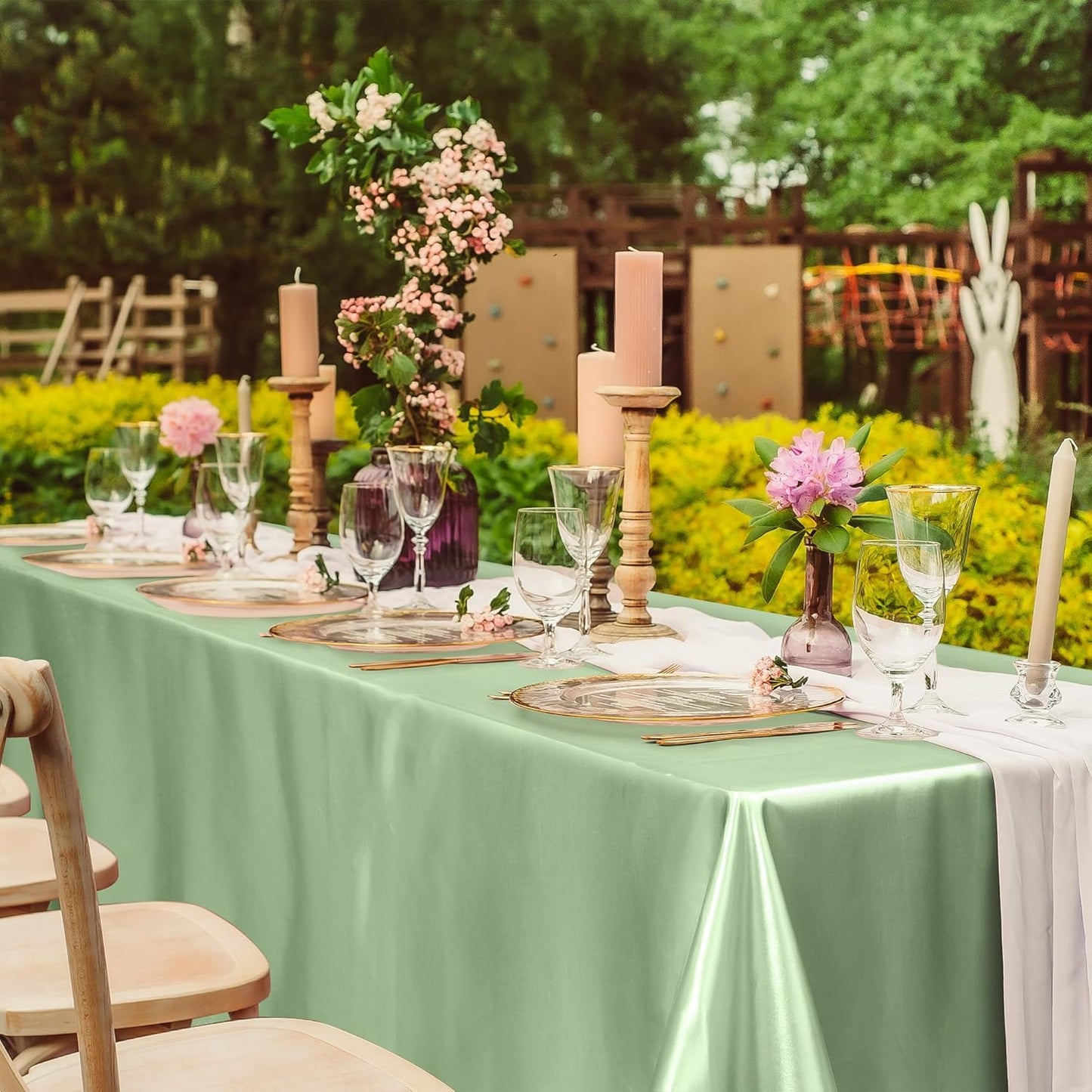 TURSTIN 4 Packs Gradient Sage Green Satin Tablecloth 102 x 58 Inch Overlay Satin Table Cover Rectangle Bright Silk Tablecloth Smooth Fabric Table Decoration for Wedding Banquet Party Events