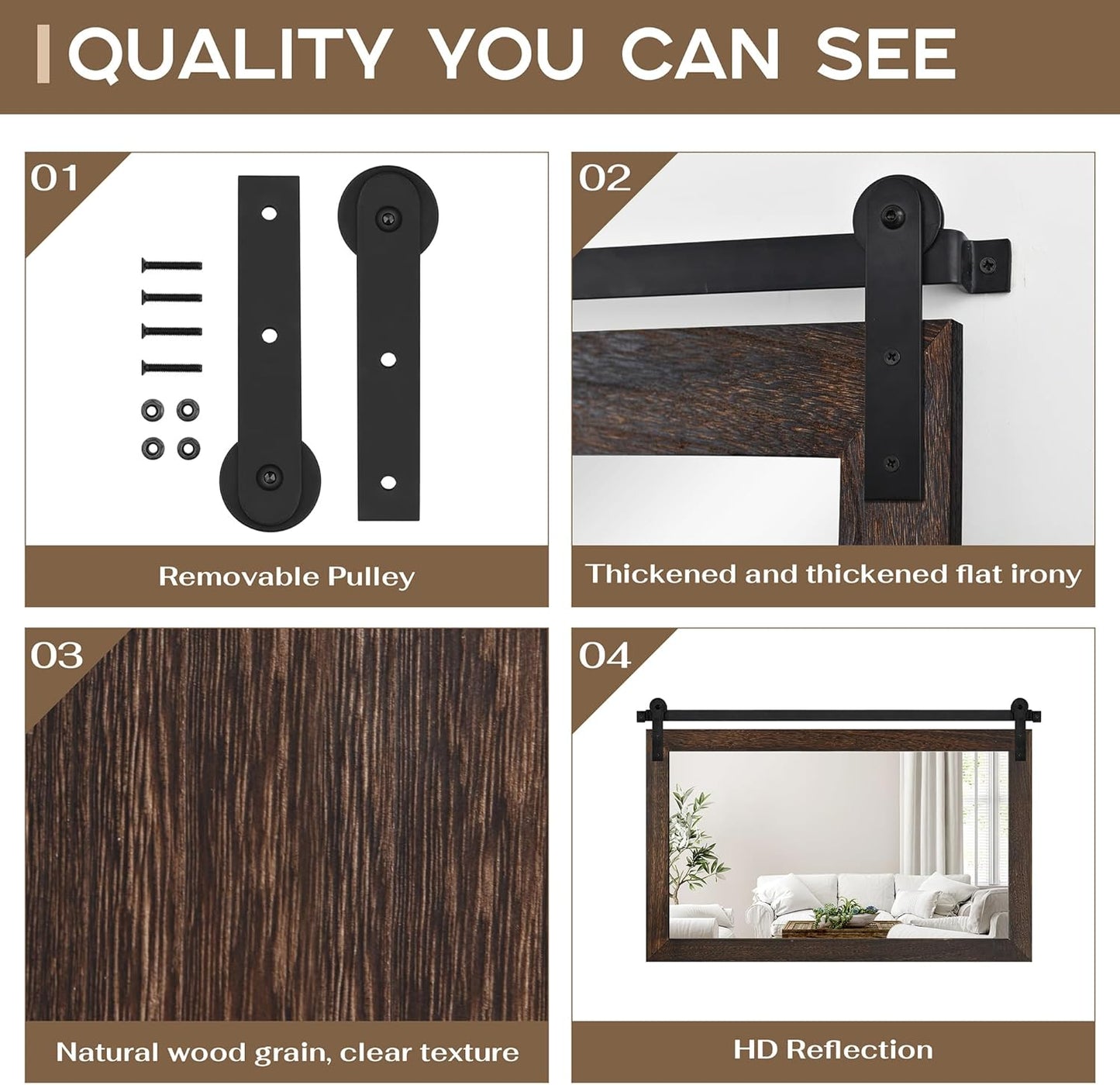 COGOOD Farmhouse Barn Door Mirror - 41 x 26 Rustic Wood Framed Wall Mirror for Bathroom, Living Room, Entryway Wall Decor (Black Brown)