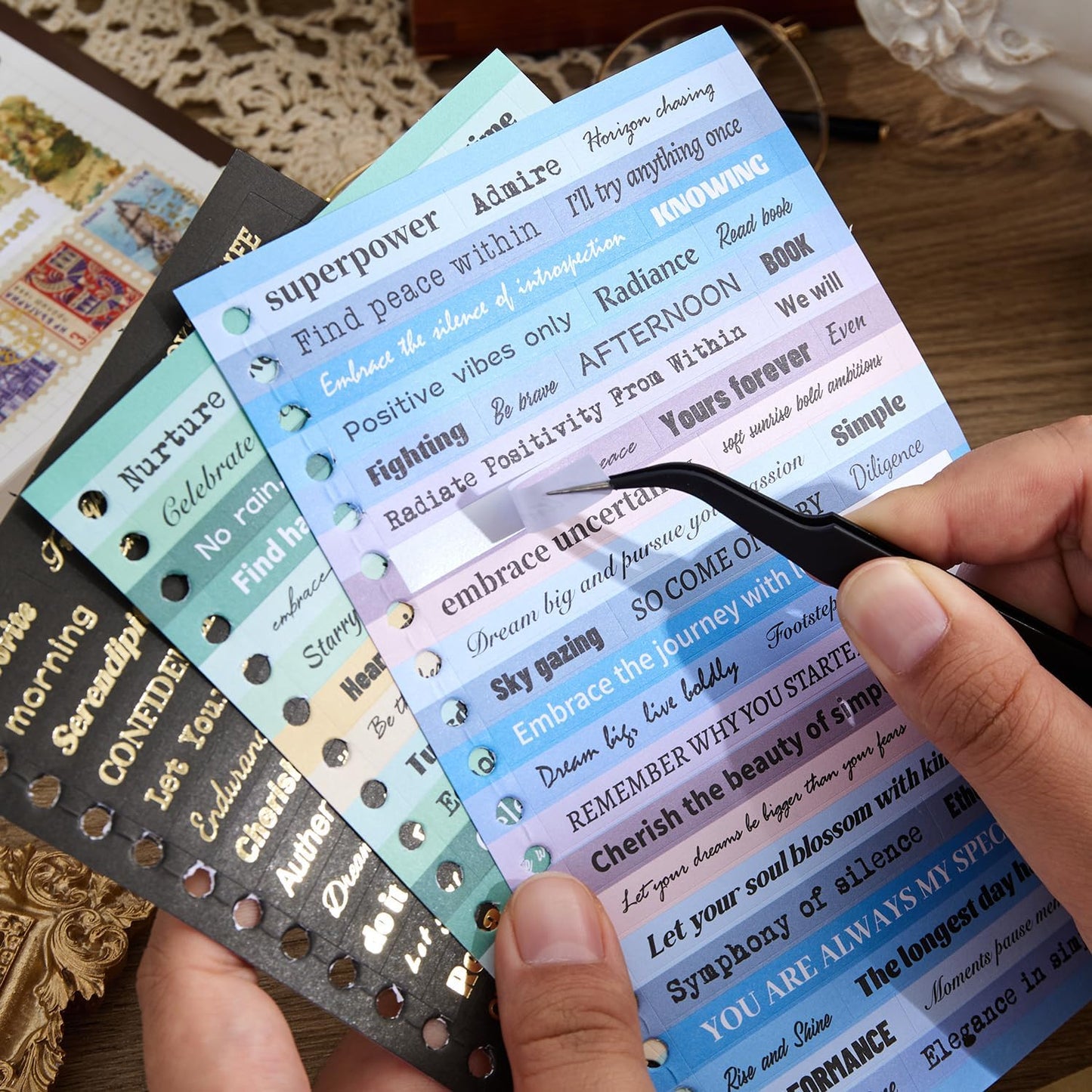 2500+ Pcs Word Stickers for Journaling, 50 Sheets Quote Sticker Gold Foil Art Scrapbook Supplies for Junk Journal, Scrapbooking Supplies for Bullet Journal Craft Small Talk Stickers for DIY Gift Card