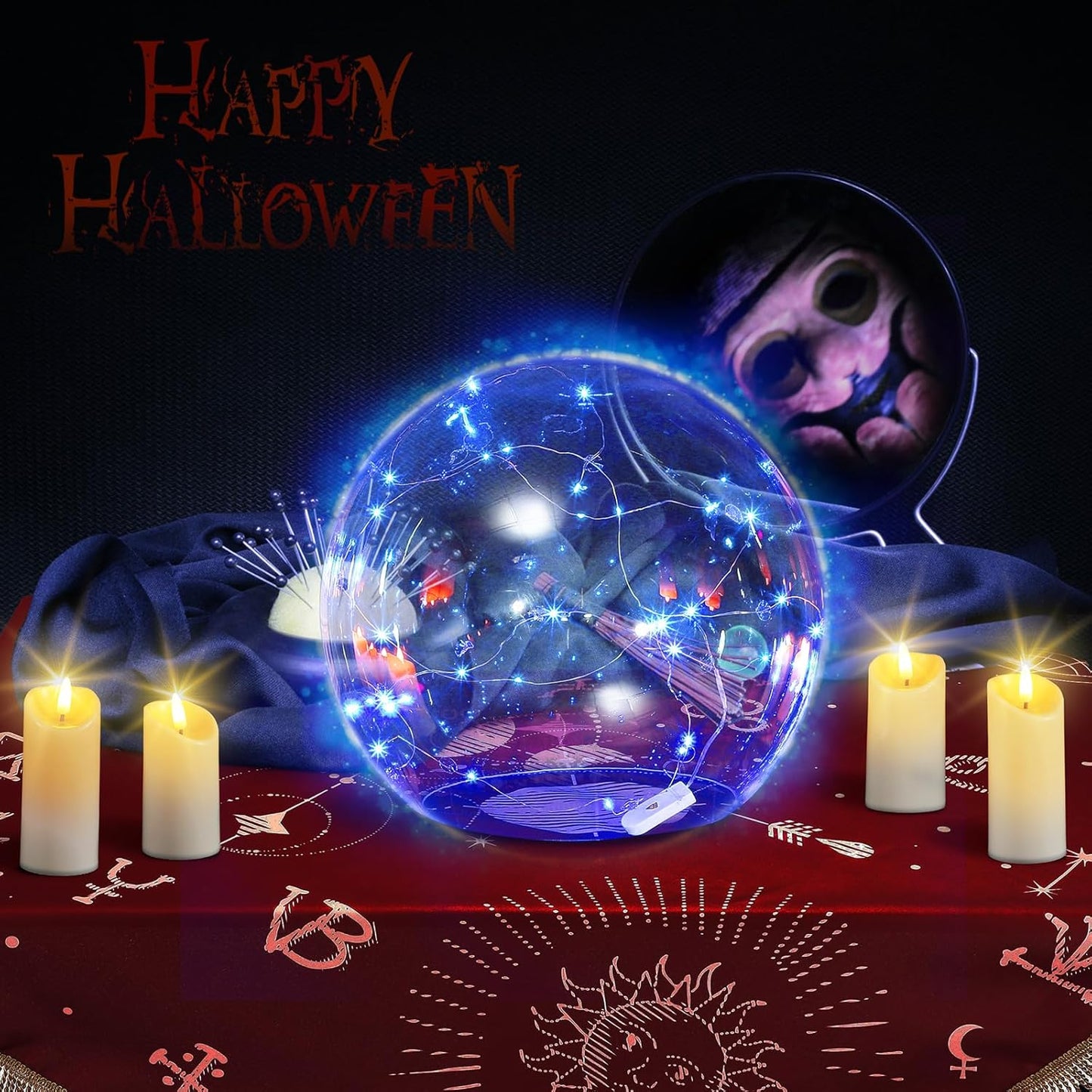 Halloween 14" Clear Acrylic Globe Decoration costume Set for Haunted House with 8.6" Neckless Opening with Blue String Lights 9.8ft Smooth Textured for Halloween