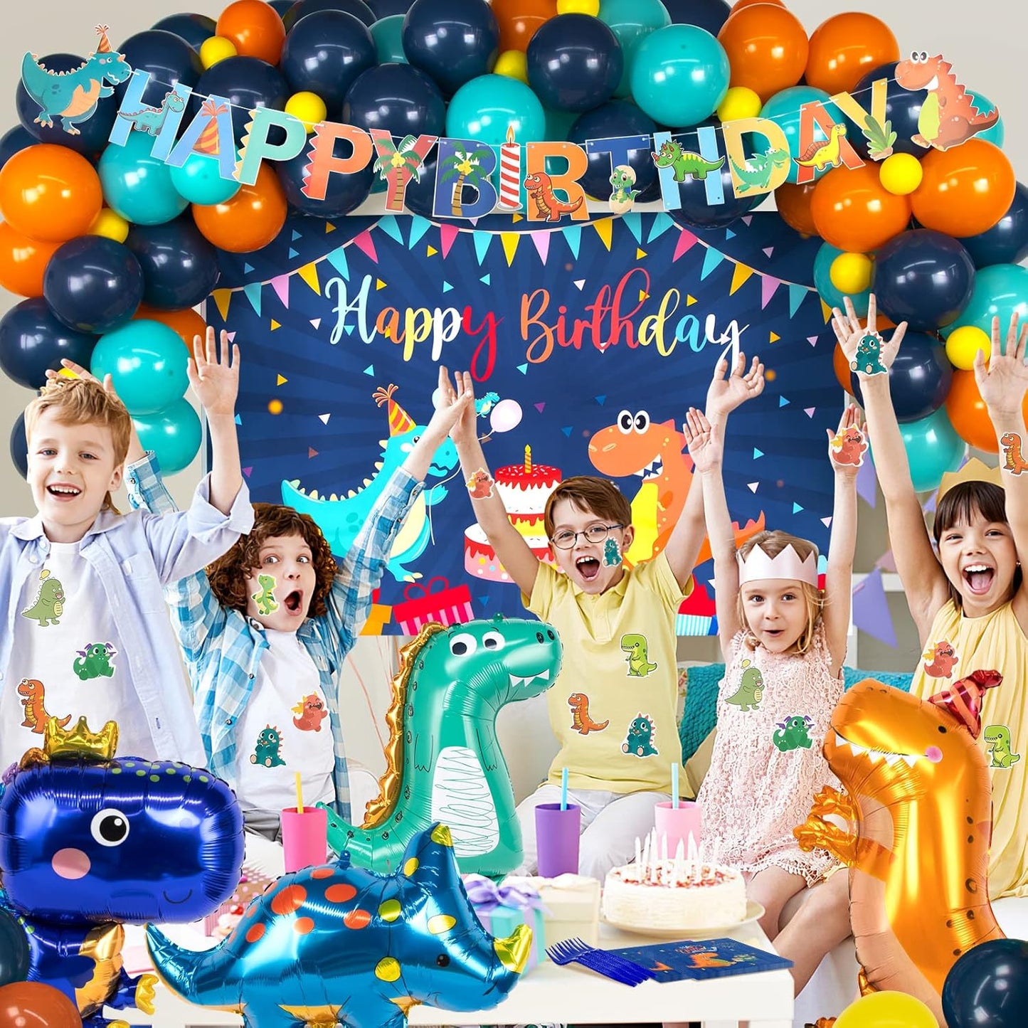 265 PCS Dinosaur Party Decorations, Blue Dinosaur Birthday Party Supplies for Boys Include Dino Balloons, Customized Backdrop, Happy Birthday Banner, Tablecloth, Plates, Cake Toppers