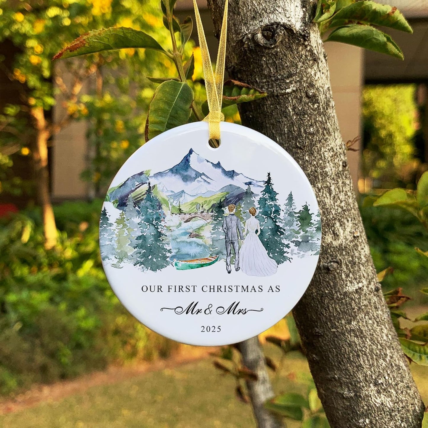 Our First Christmas Ornament Gift 2025,Just Married Ceramic Ornaments as Mr and Mrs,First Year Christmas Hanging for Couples,Newlywed Xmas Wedding Decoration with Gift Box and Card (2.9")