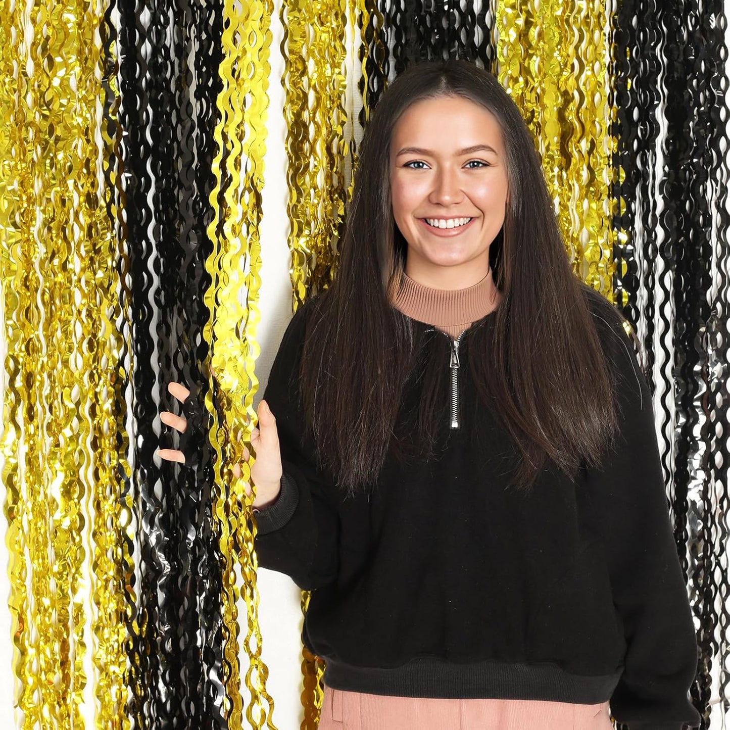 4 Pack Black and Gold Wavy Foil Fringe Curtains Pirthday Decorations,3.3 ft x 6.6 ft Metallic Foil Curtains Streamers for Party Photo Booth Props Background Decoration