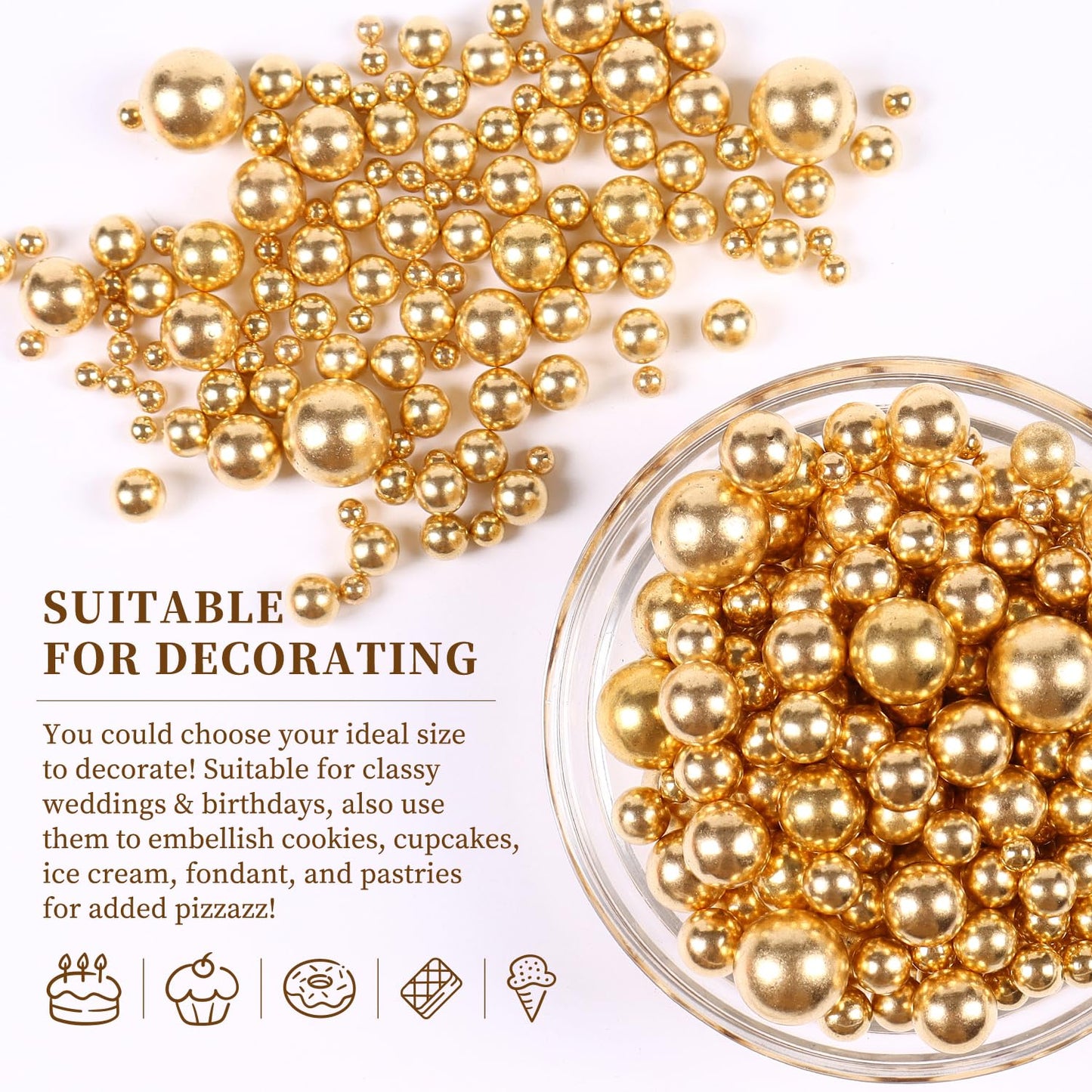 Pearl Sprinkles, Gold Pearls for Cake Decorating, Cake Pearls, Metallic Pearl Sprinkles Mix for Cake, Cupcakes, Macaron, Ice Cream, and Cookies. (120g/4.23oz)