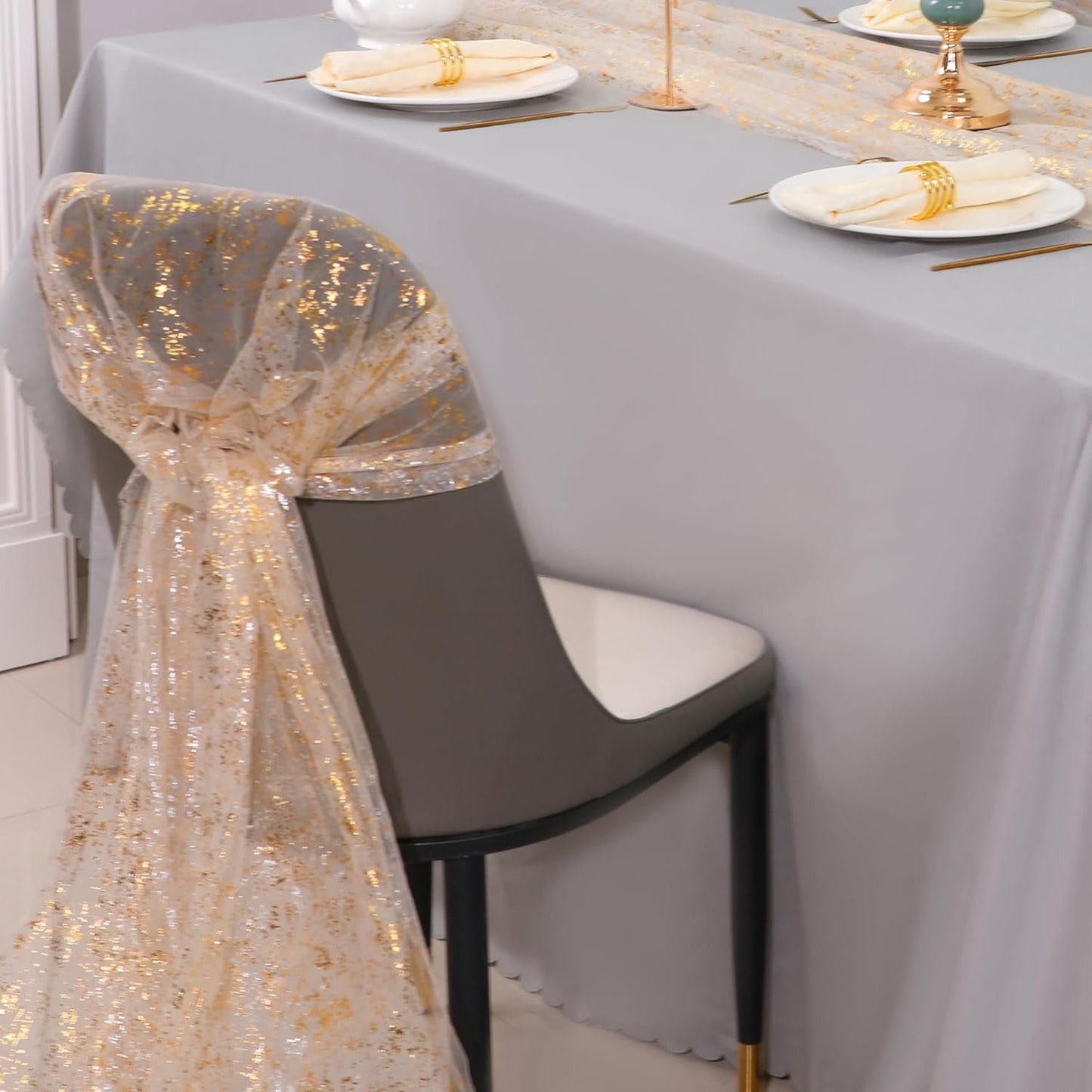 Snowkingdom 6Pcs 10 Ft Gold Table Runners, Sheer Chiffon Tulle Cheesecloth Golden Sequin Glitter Metallic Foil, Gold Party Table Decoration Centerpiece for Wedding Birthday Anniversary Christmas