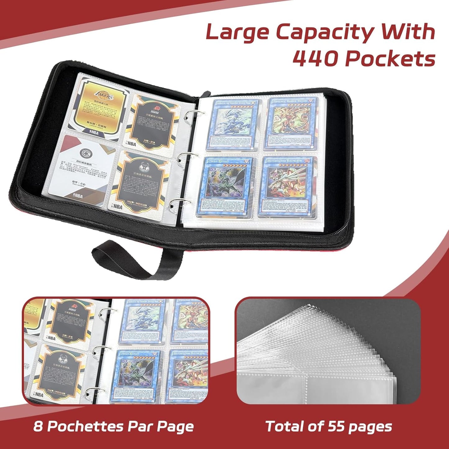 440 Pockets Card Binder, Portable Trading Card Binder with 55 Removable Sleeves, Waterproof Card Holder Album, Card Bunder with Zipper