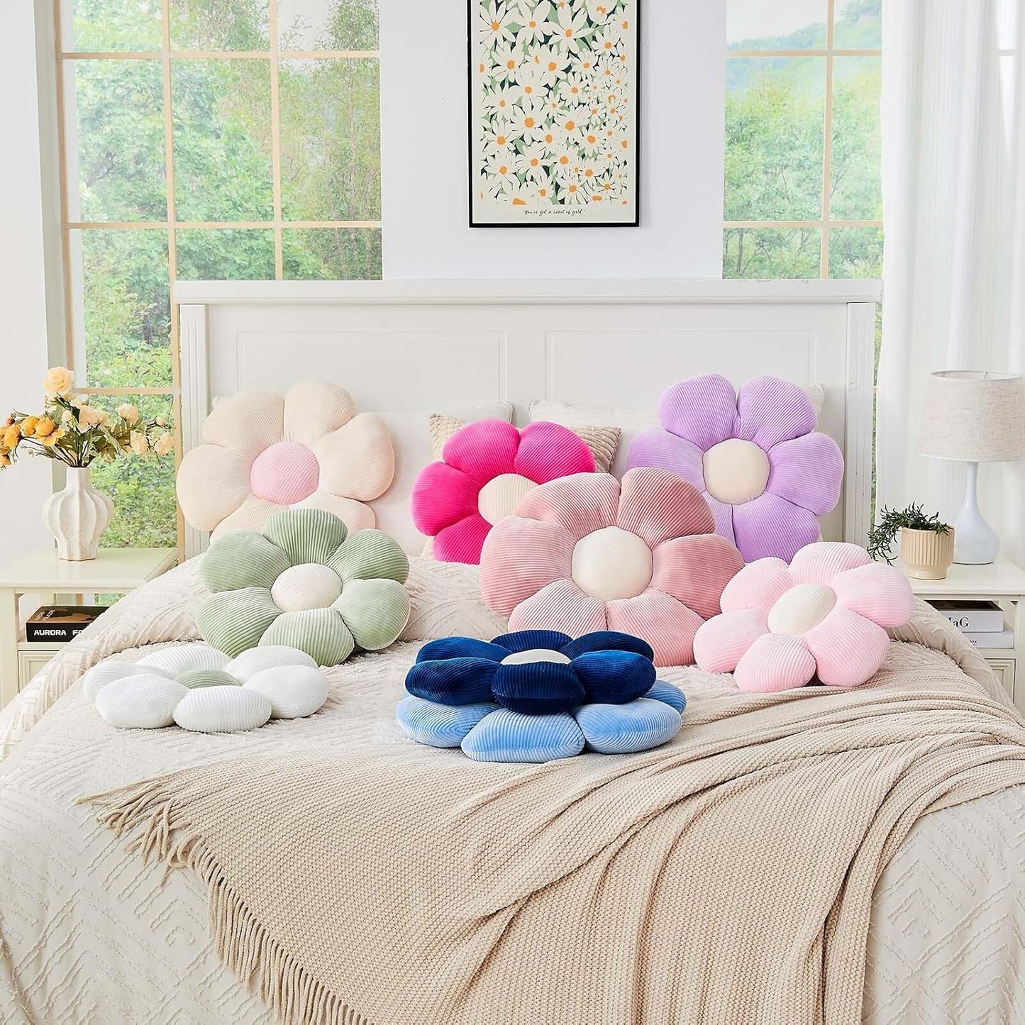 Lavender Flower Pillow, 14.9" Cute Flower Shaped Floor Pillow, Aesthetic Floral Plush Daisy Decorative Throw Pillows for Bed Sofa Couch