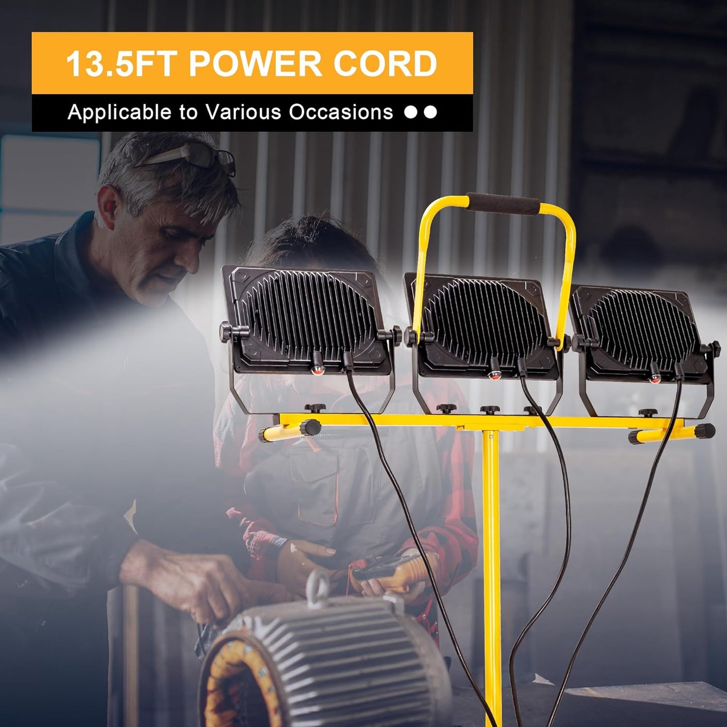 LED Worklights 60000Lumen, 3 Head 600W Work Light, Portable, with Stand, with 13.5FT Cord, IP66 Waterproof, Tripod, for Outdoor Indoor, Construction Site